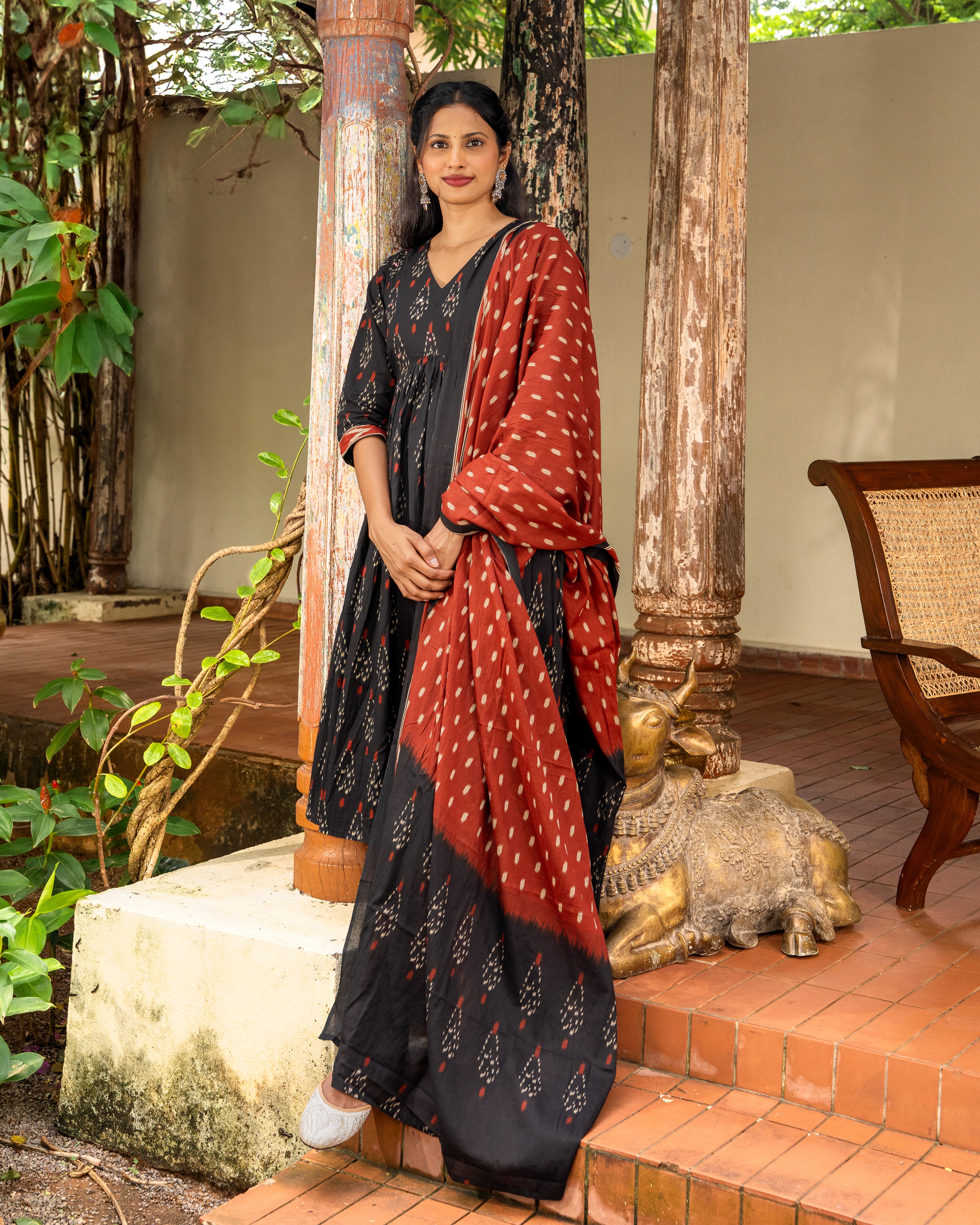 Black and Rust Ikat Cotton Three-Piece Set