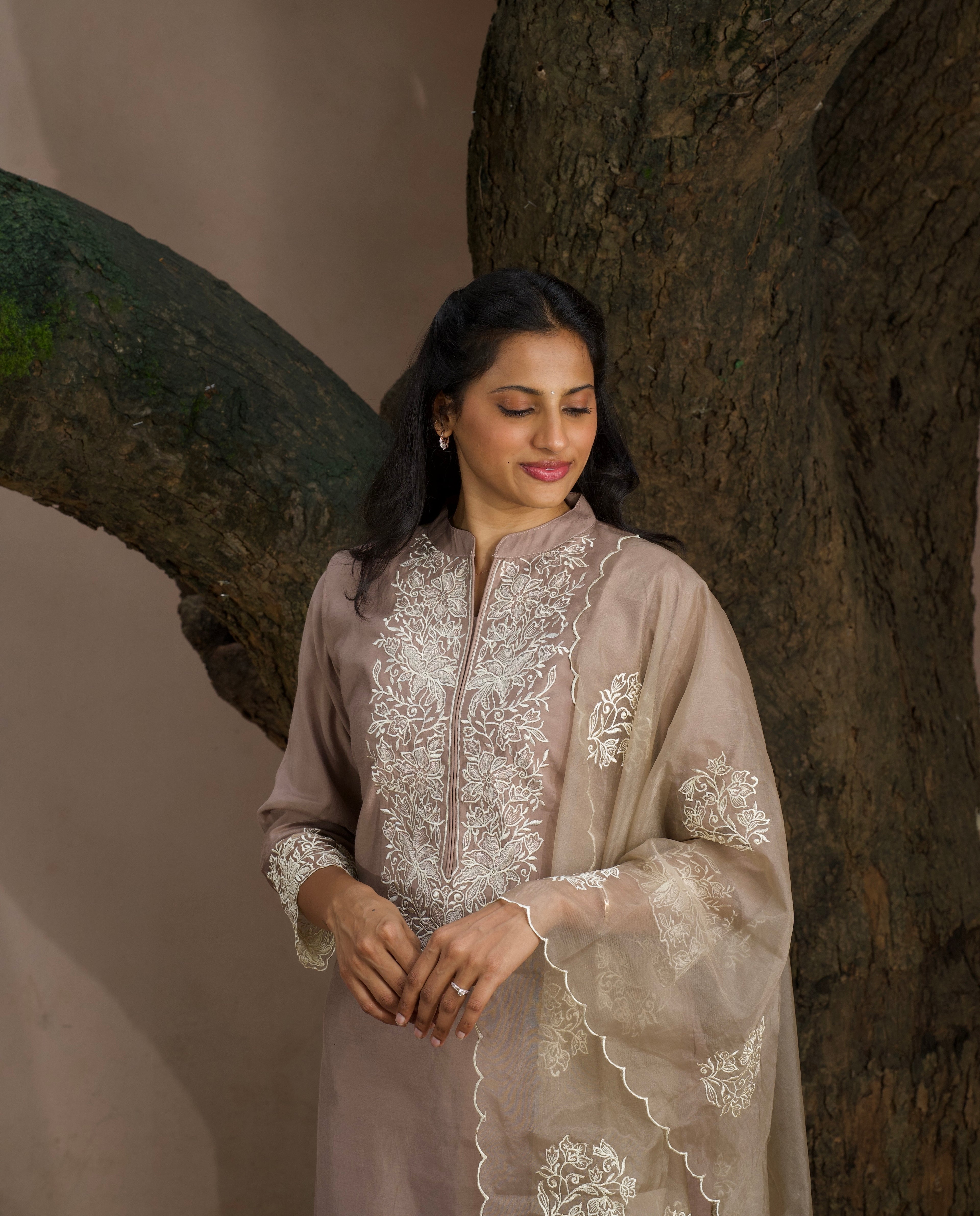 Taupe Embroidered Silk Three-Piece Set