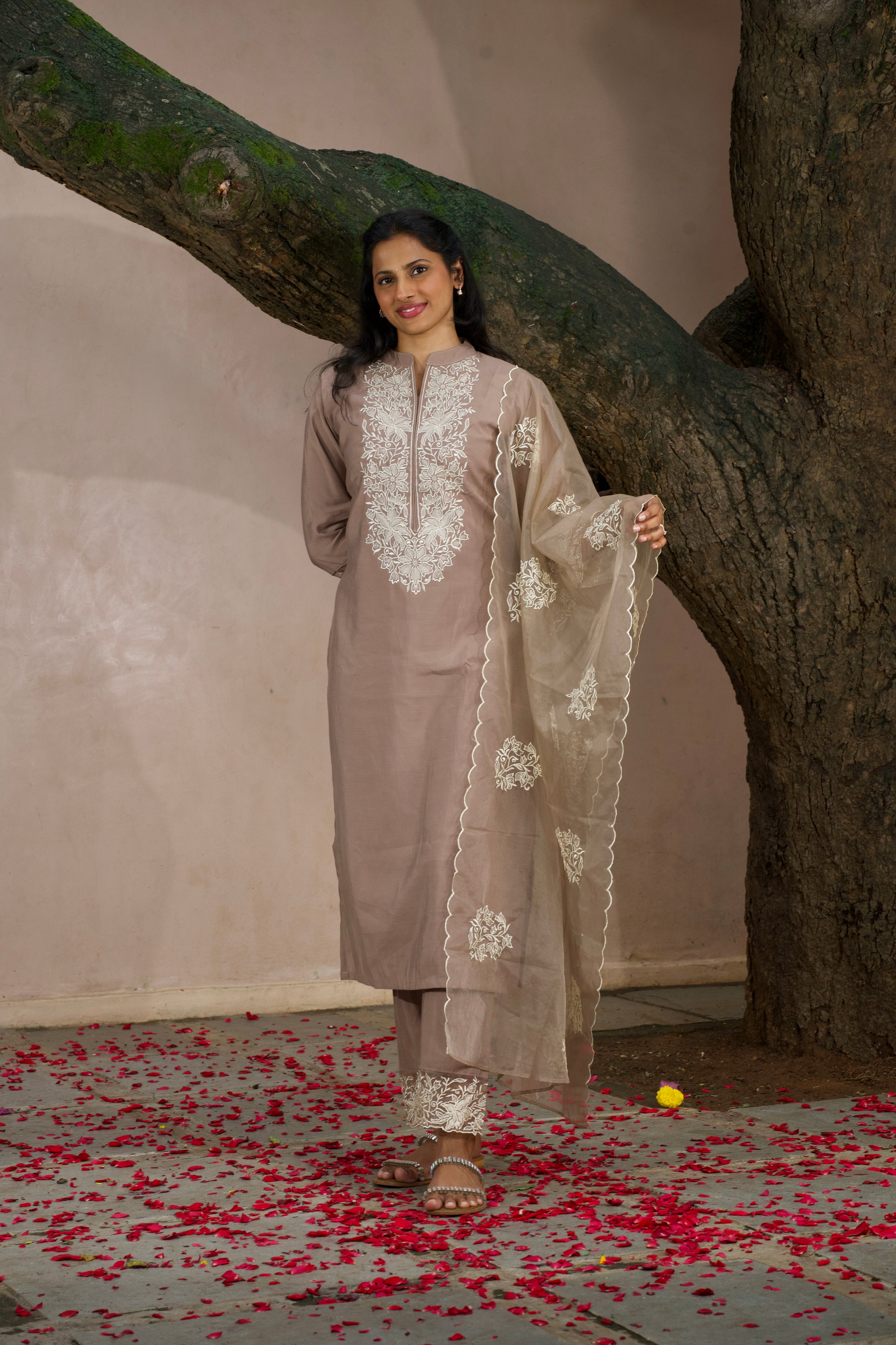 Taupe Embroidered Silk Three-Piece Set