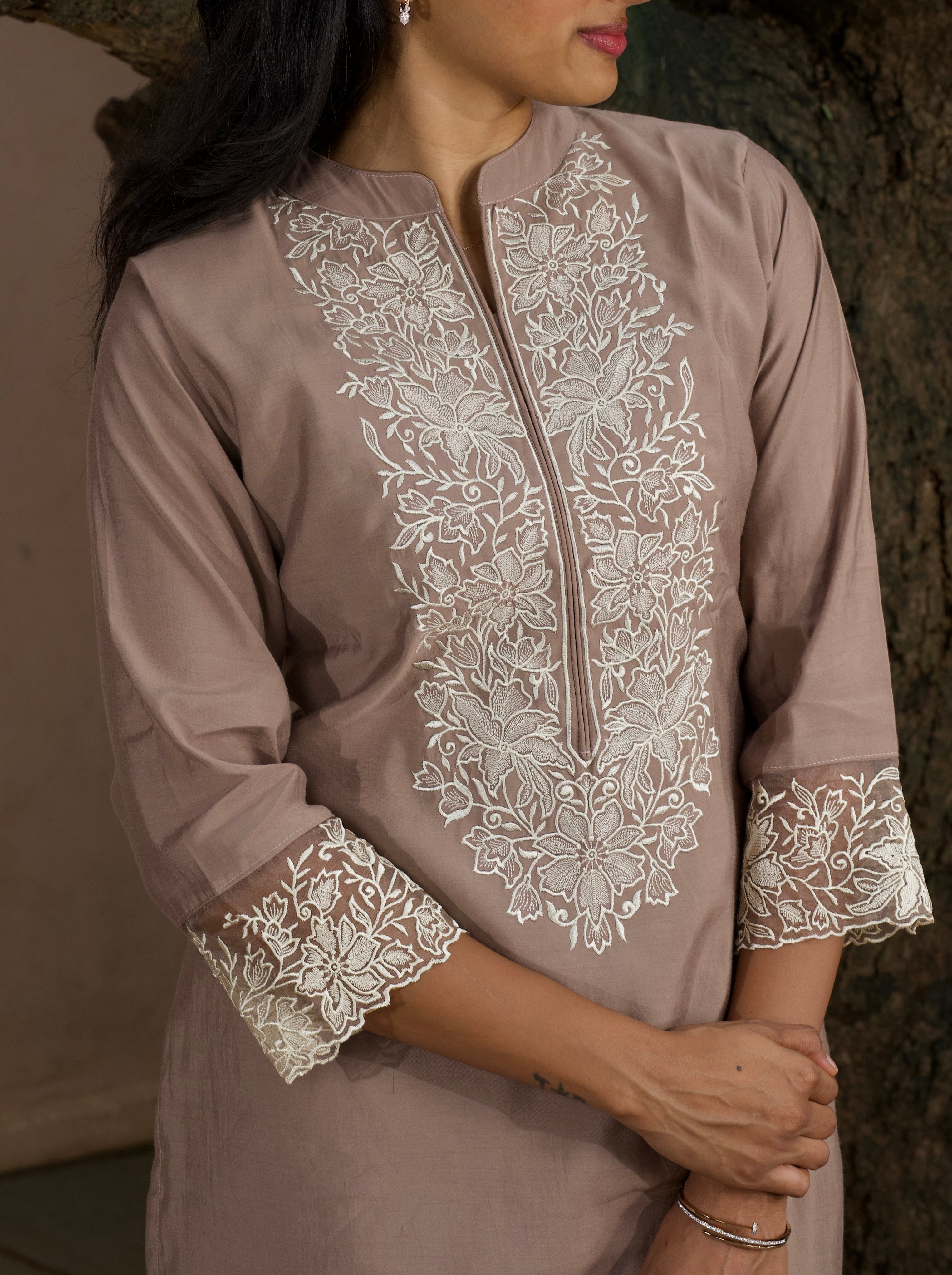 Taupe Embroidered Silk Three-Piece Set