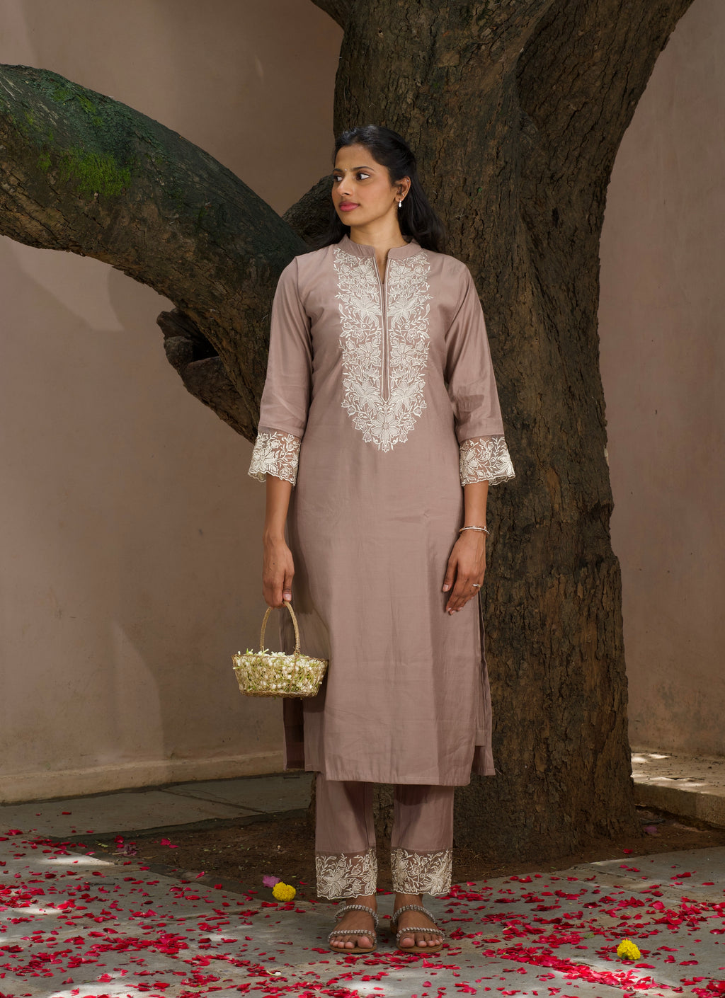 Taupe Embroidered Silk Three-Piece Set