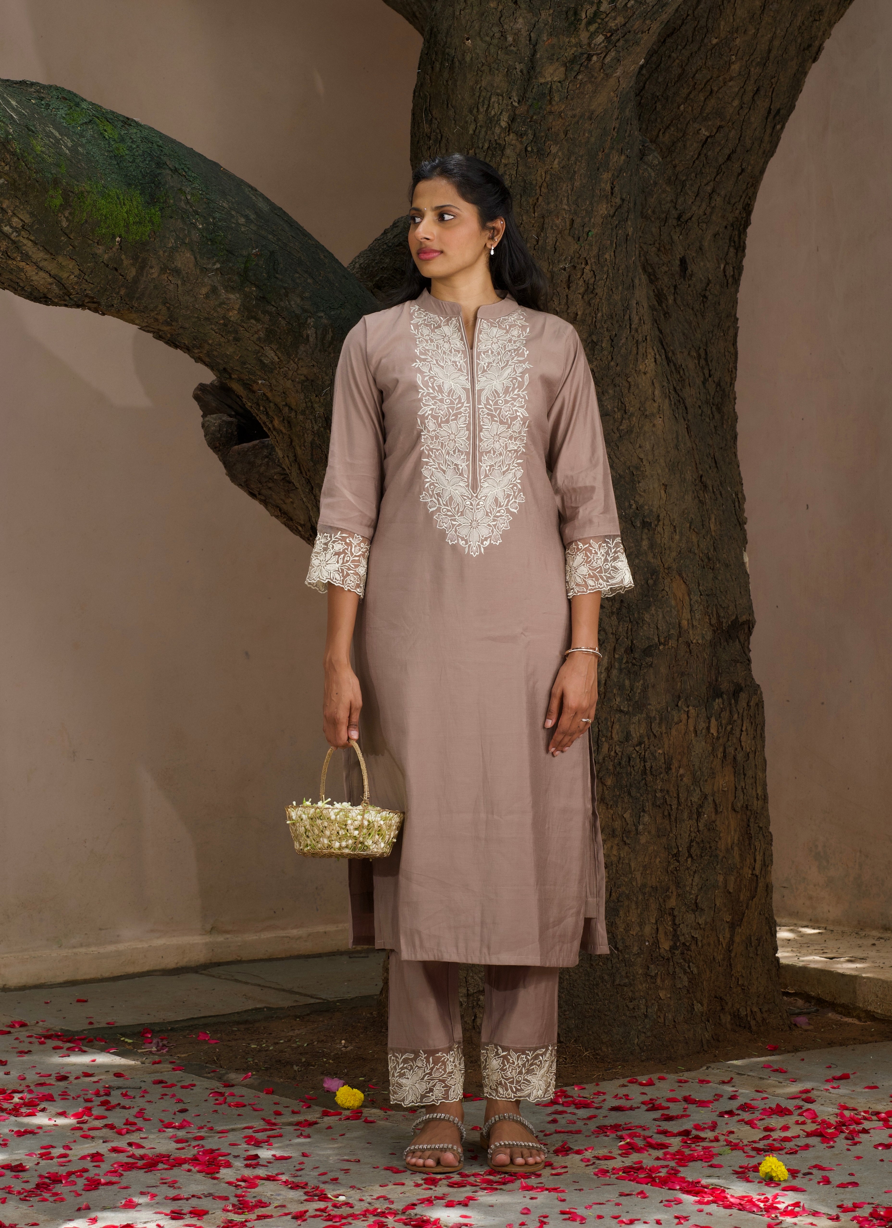 Taupe Embroidered Silk Three-Piece Set