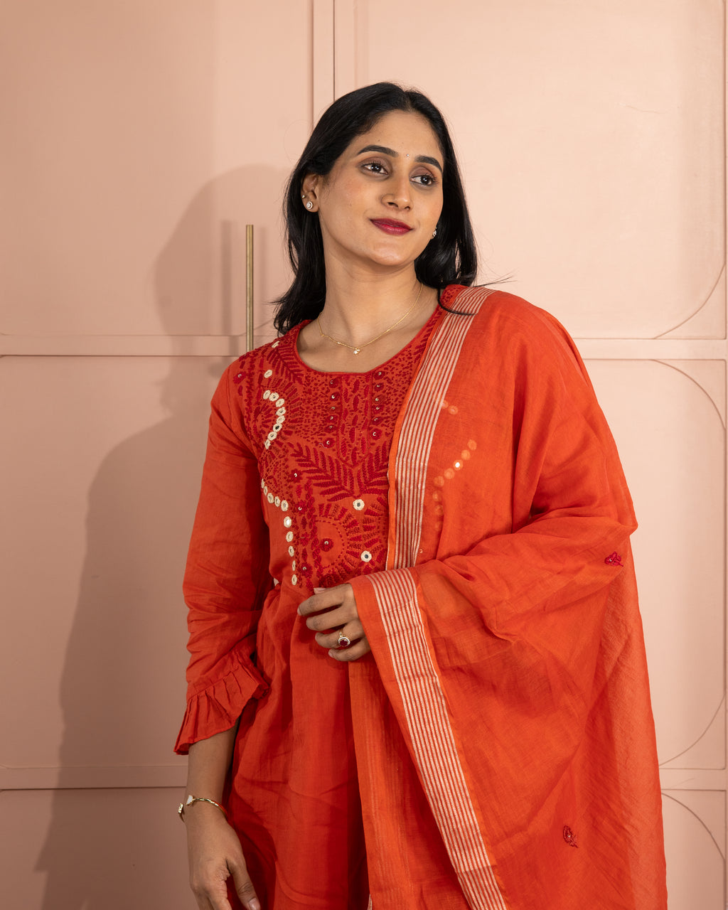 Rust Orange Mul Cotton Three-Piece Set with Thread and Mirror Handwork