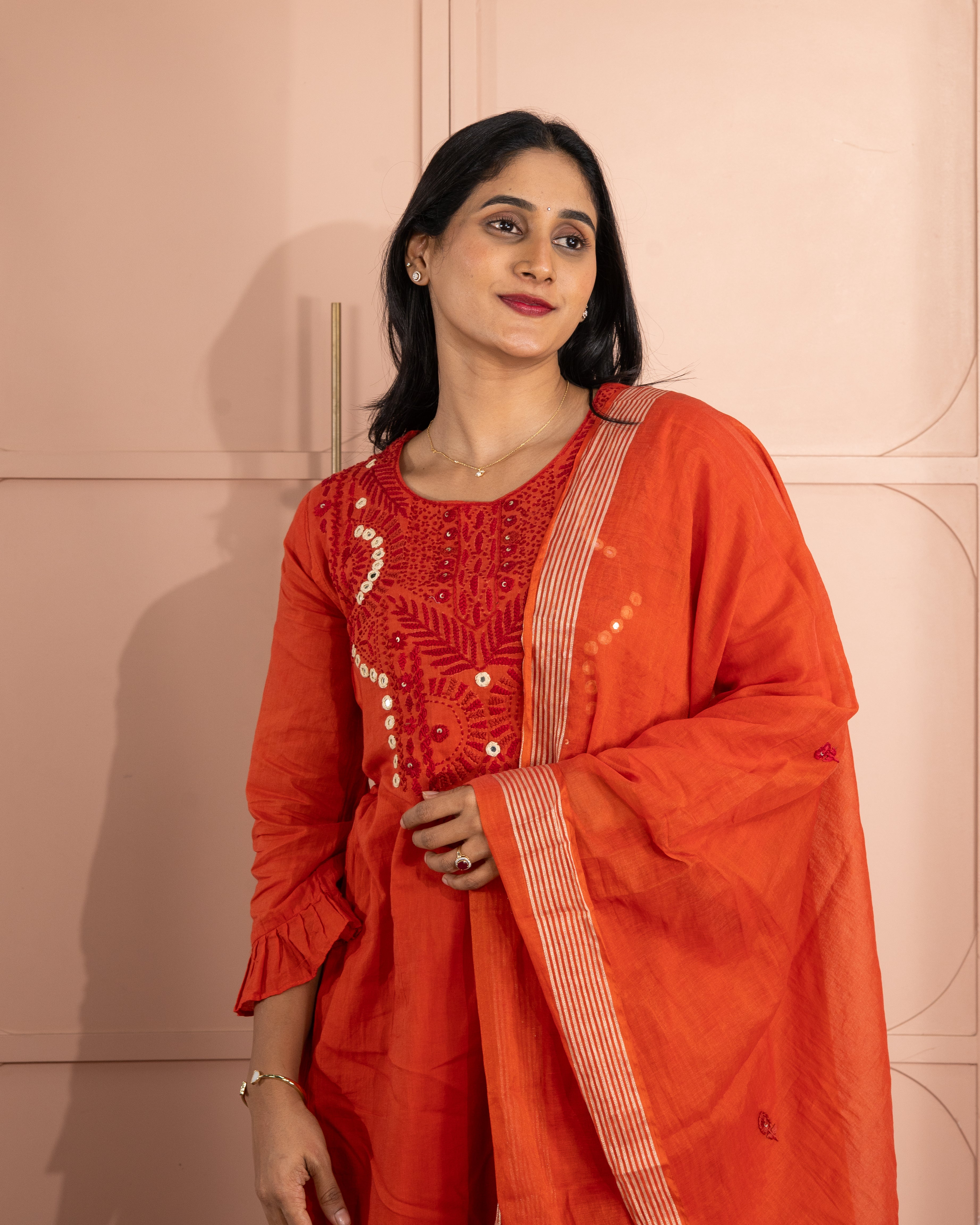 Rust Orange Mul Cotton Three-Piece Set with Thread and Mirror Handwork