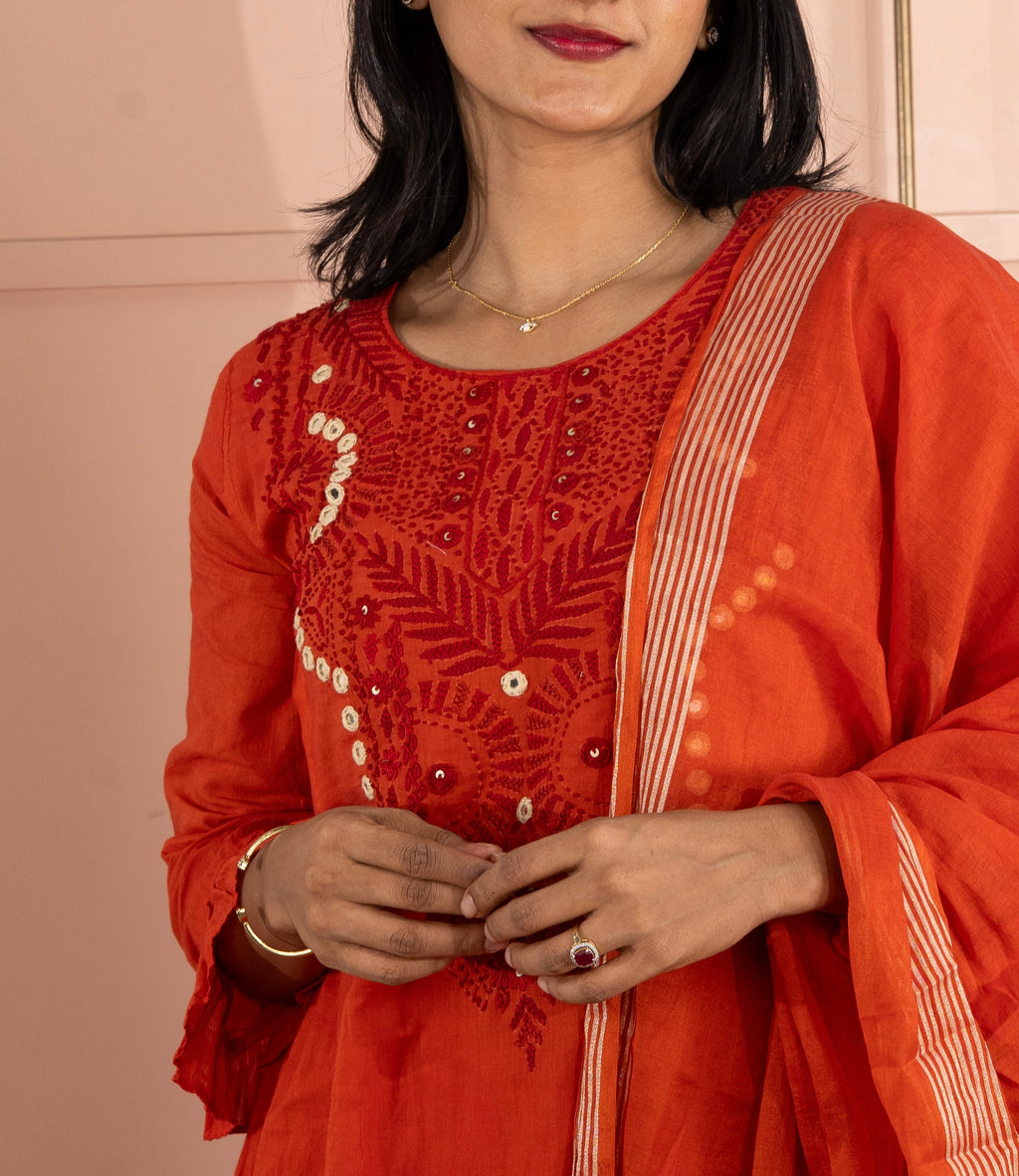 Rust Orange Mul Cotton Three-Piece Set with Thread and Mirror Handwork