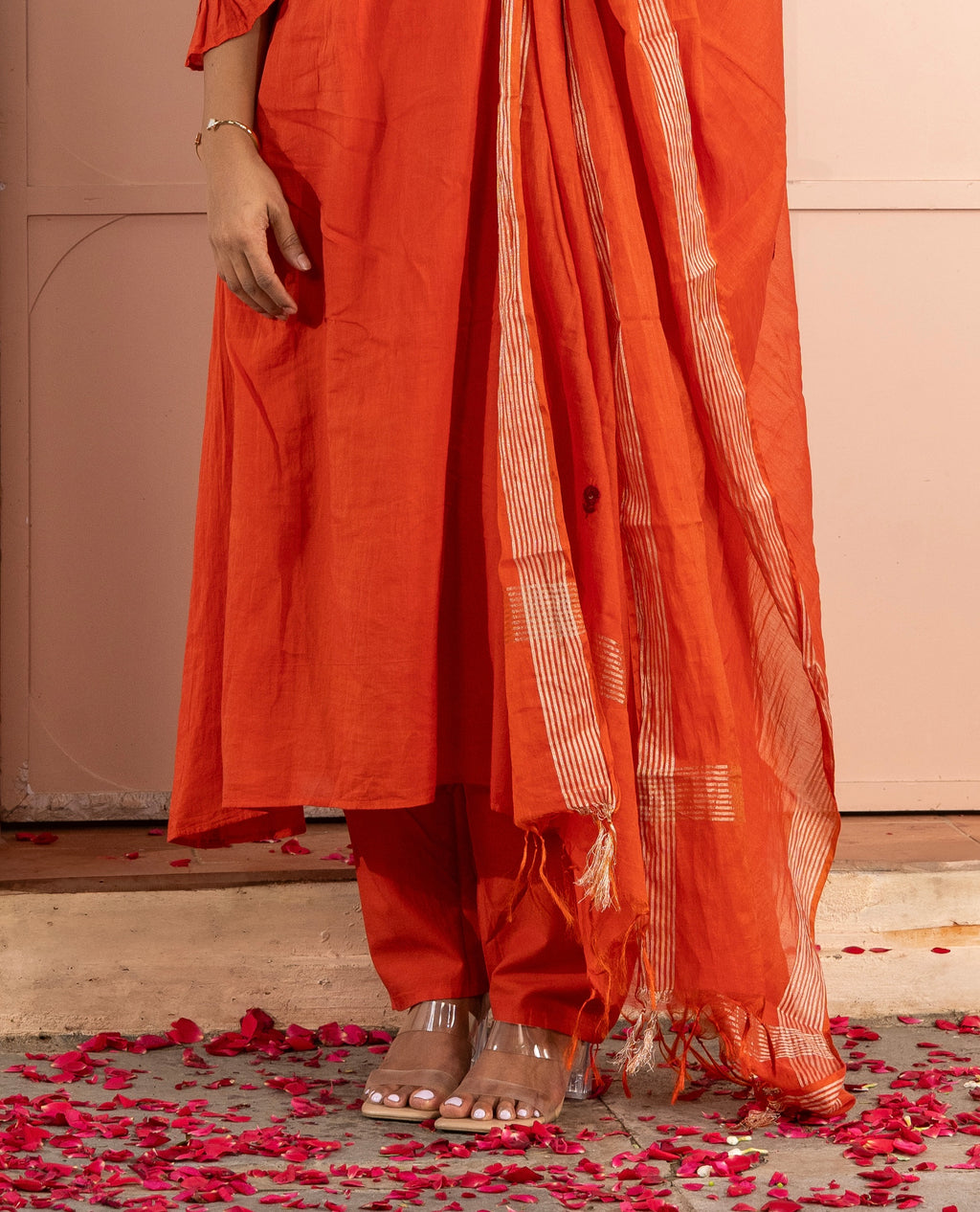 Rust Orange Mul Cotton Three-Piece Set with Thread and Mirror Handwork