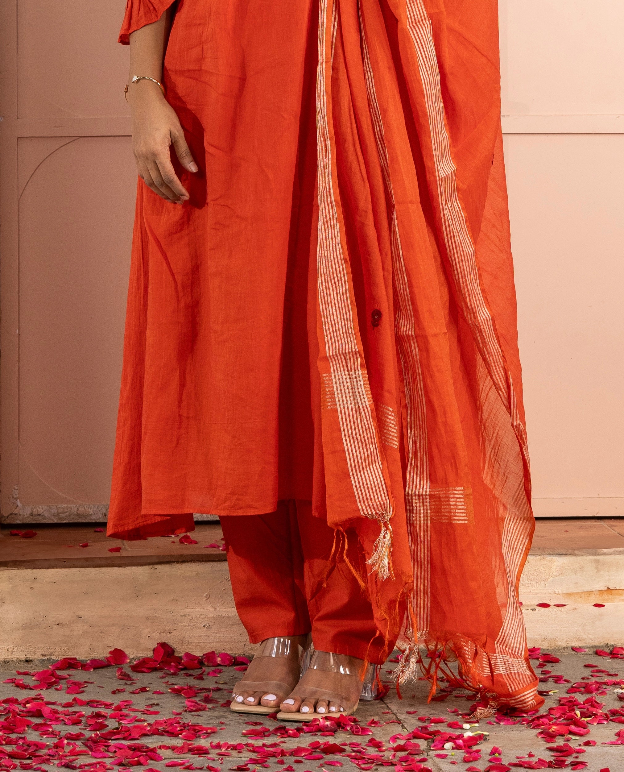 Rust Orange Mul Cotton Three-Piece Set with Thread and Mirror Handwork