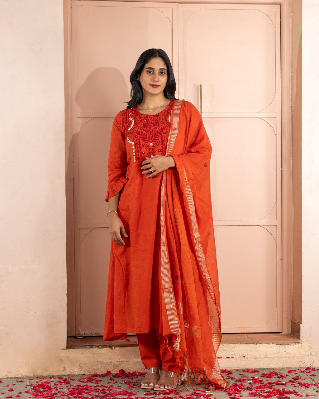 Rust Orange Mul Cotton Three-Piece Set with Thread and Mirror Handwork