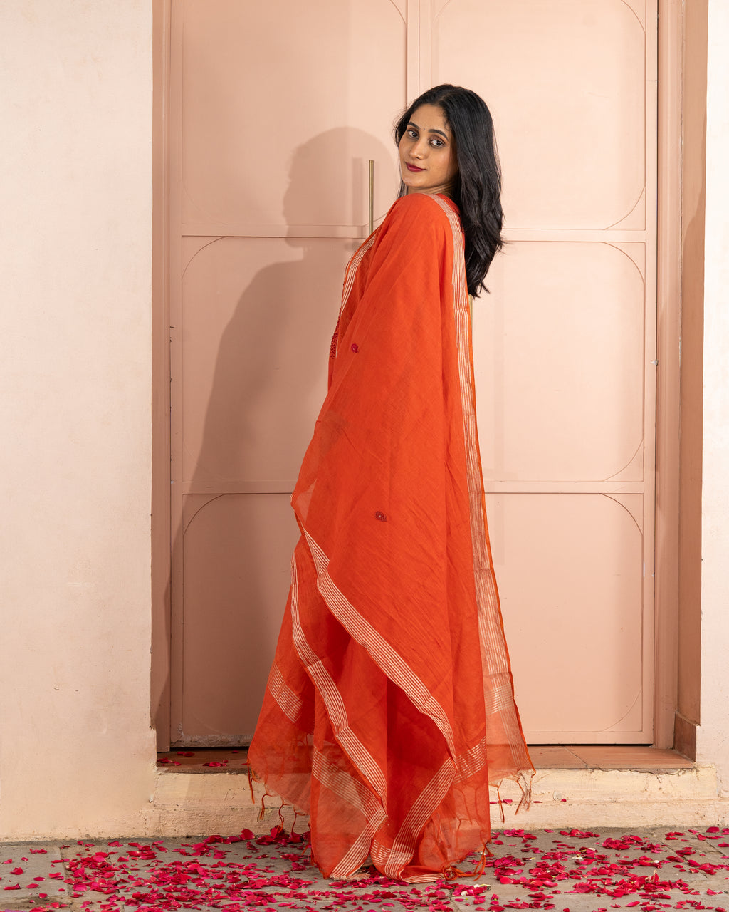 Rust Orange Mul Cotton Three-Piece Set with Thread and Mirror Handwork