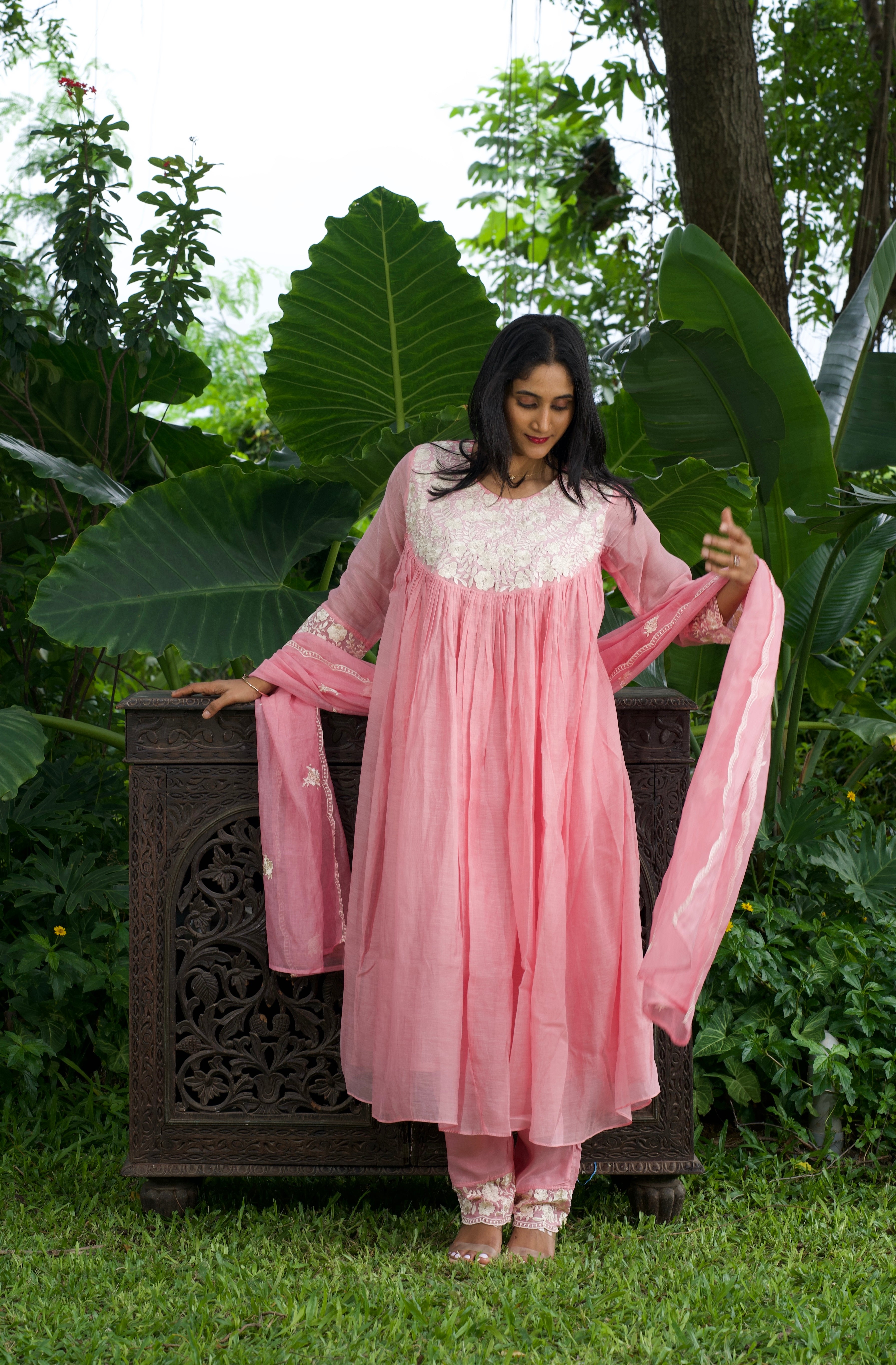 Embroidered Mul Chanderi Three-Piece Set