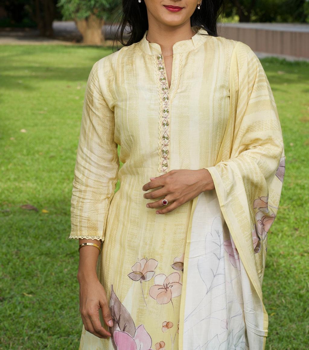 Soft Yellow Muslin Three-Piece Set