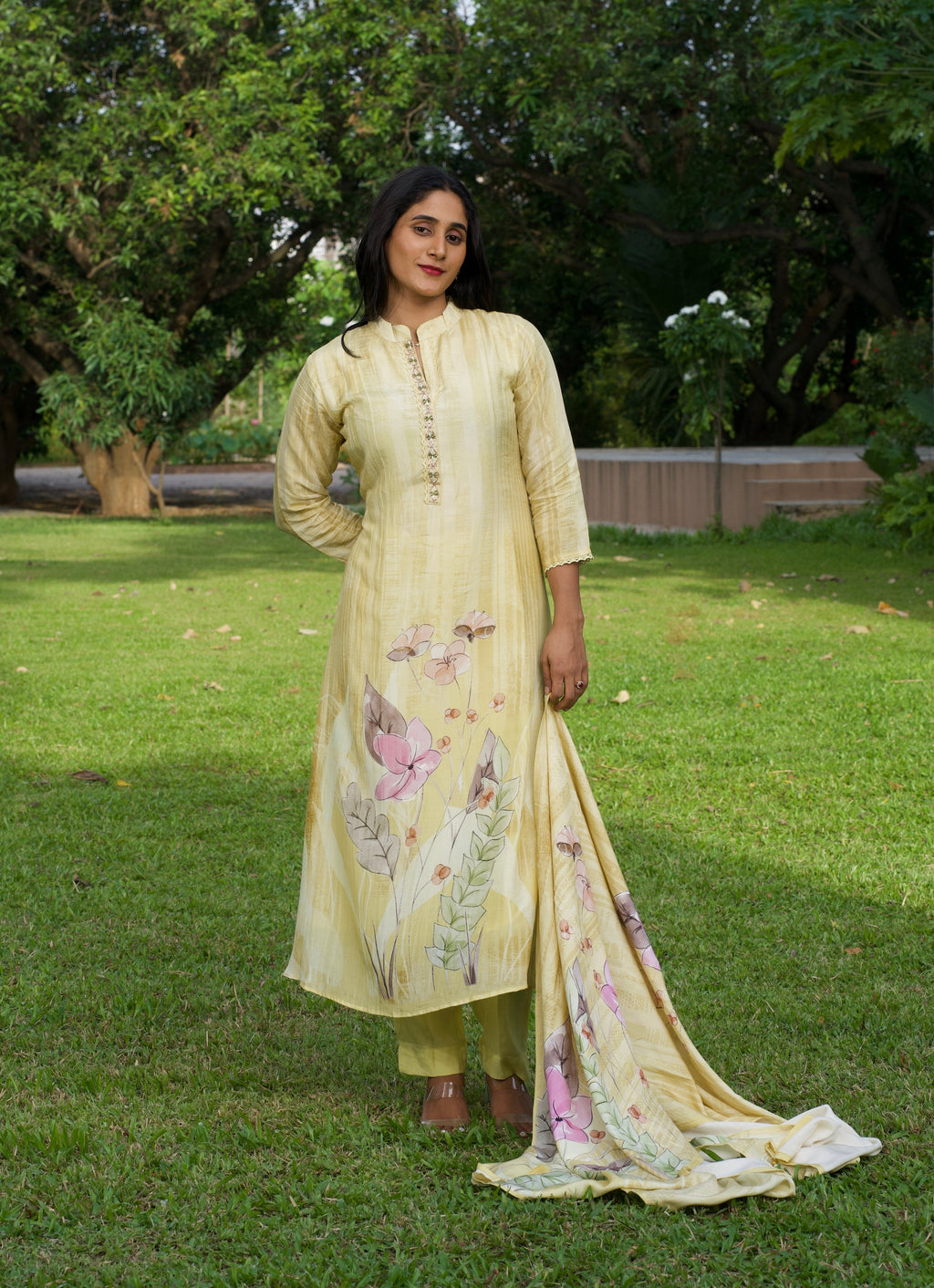 Soft Yellow Muslin Three-Piece Set