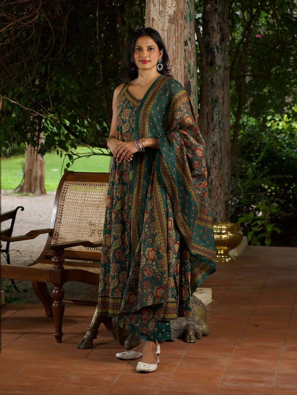 Green Block Print Sleeveless Anarkali Three-Piece Set