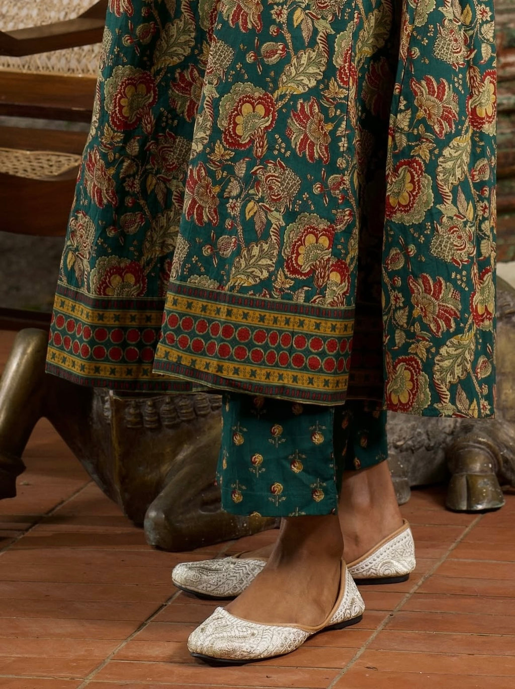 Green Block Print Sleeveless Anarkali Three-Piece Set