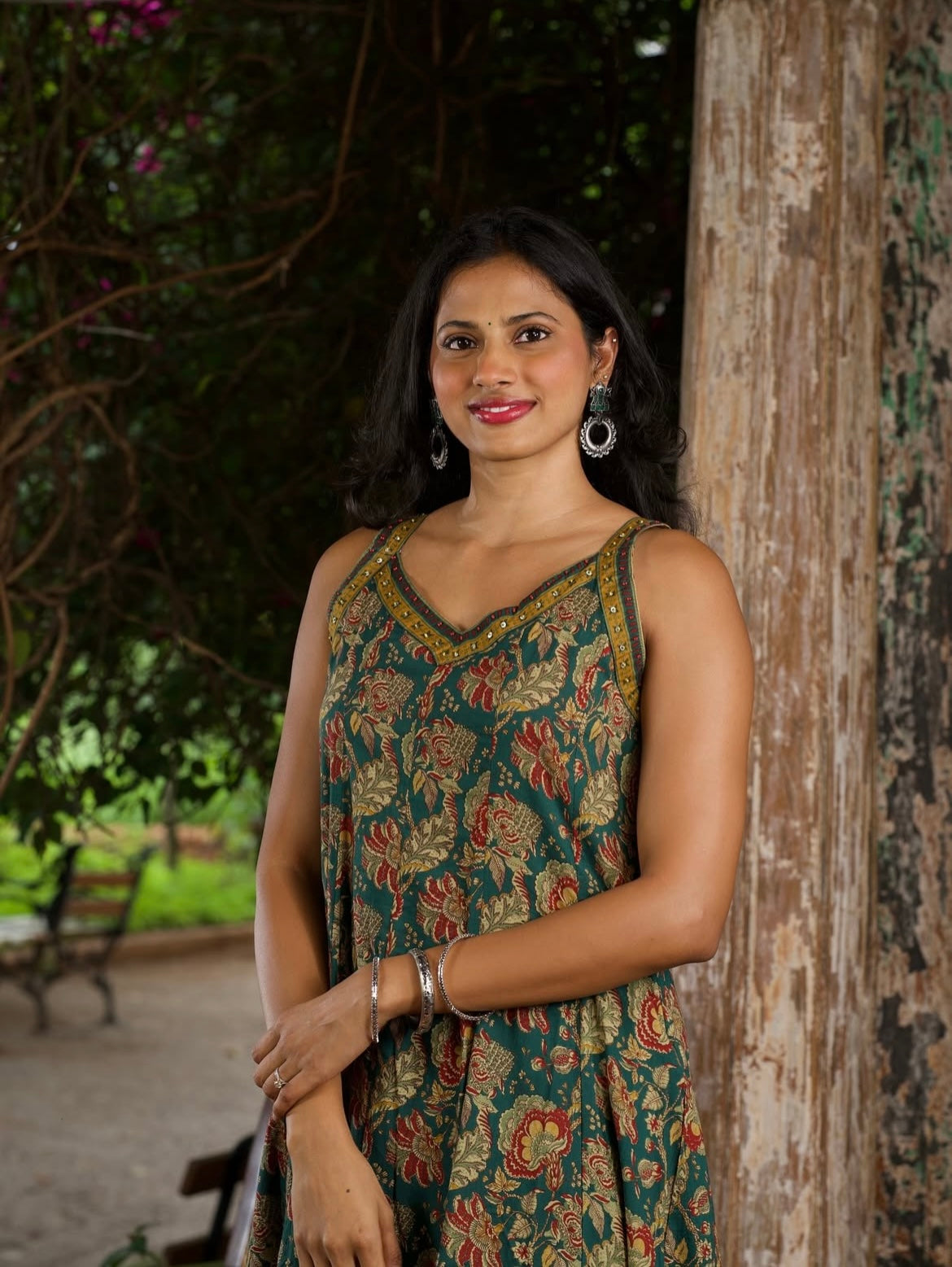 Green Block Print Sleeveless Anarkali Three-Piece Set