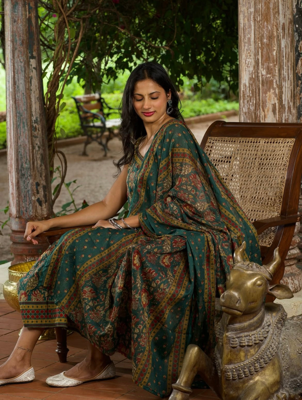 Green Block Print Sleeveless Anarkali Three-Piece Set