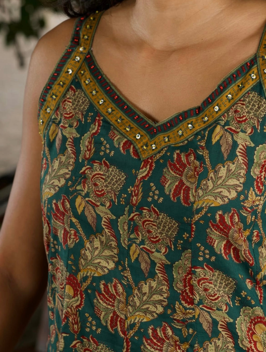 Green Block Print Sleeveless Anarkali Three-Piece Set