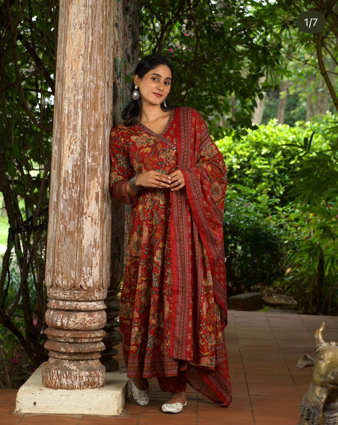 Rust Handblock Cotton Three-Piece Angrakha Set