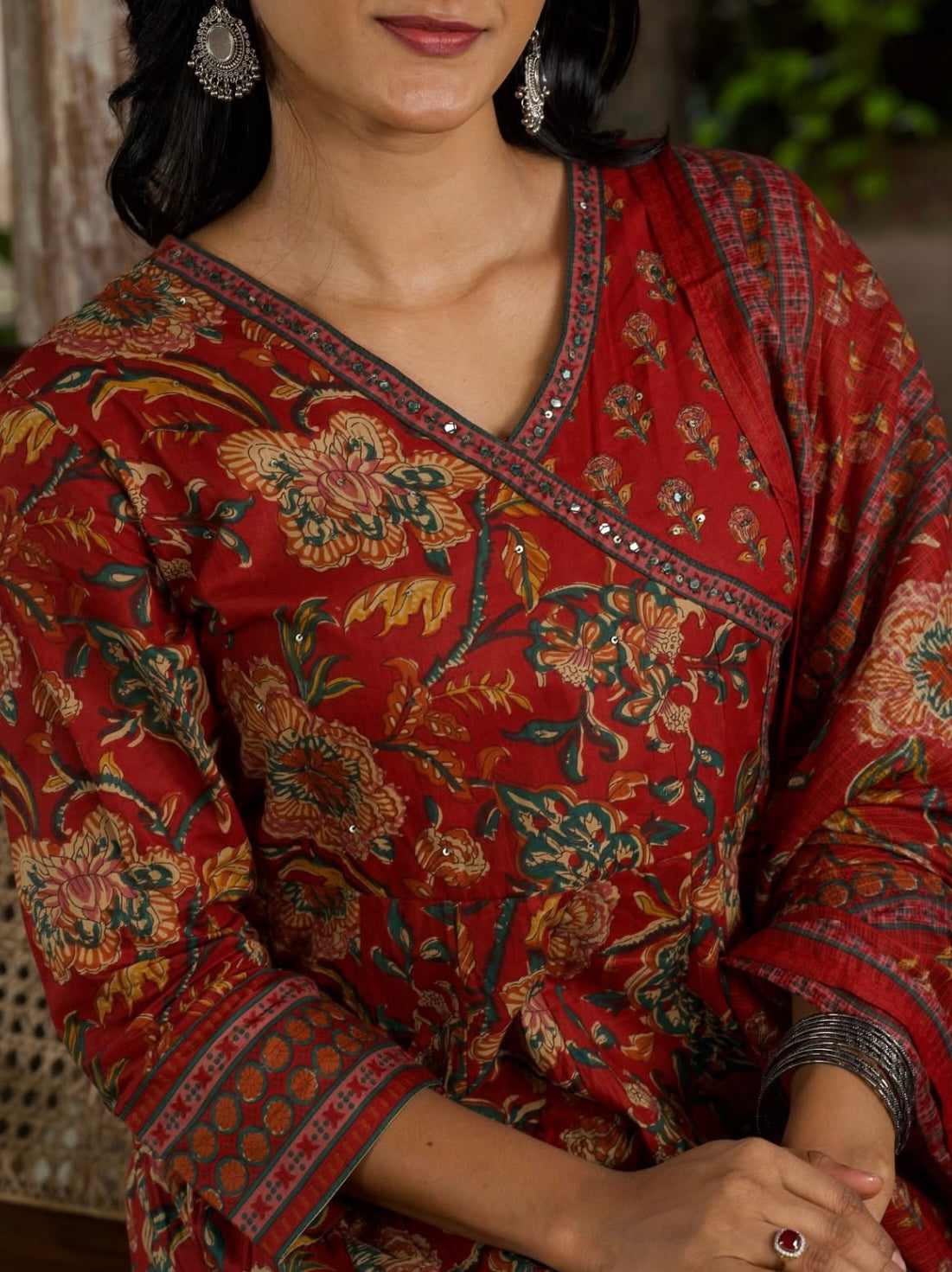 Rust Handblock Cotton Three-Piece Angrakha Set