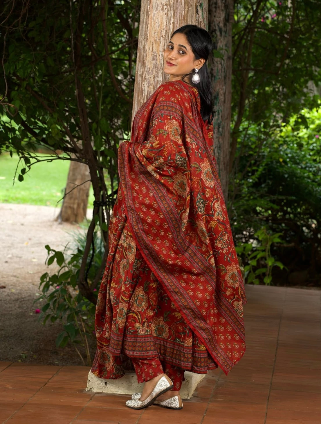 Rust Handblock Cotton Three-Piece Angrakha Set