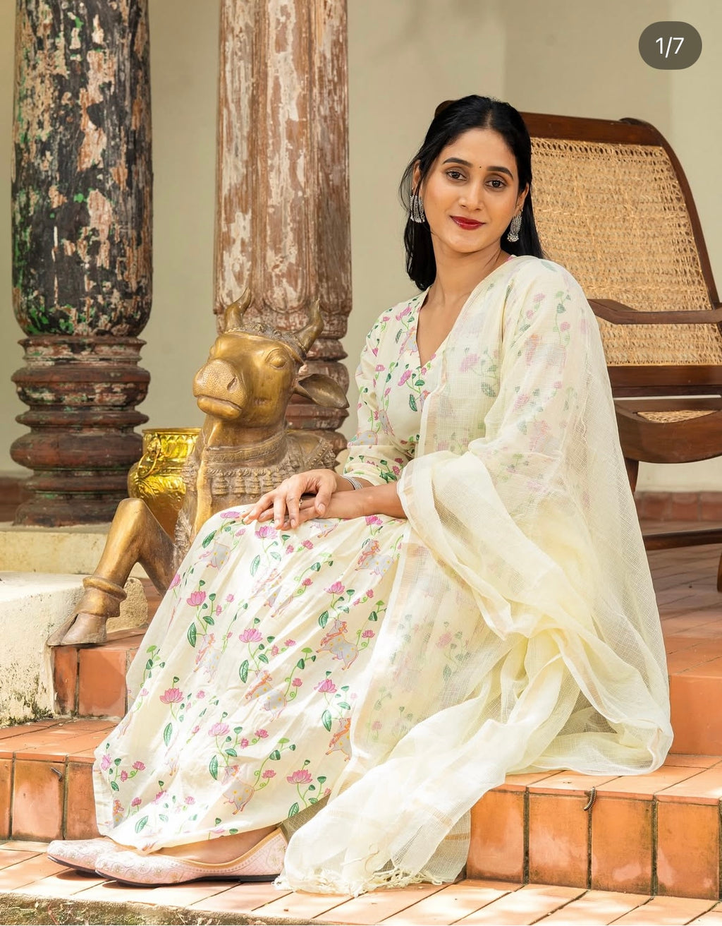 Soft Yellow Pichwai Print Anarkali Cotton Three-Piece Set