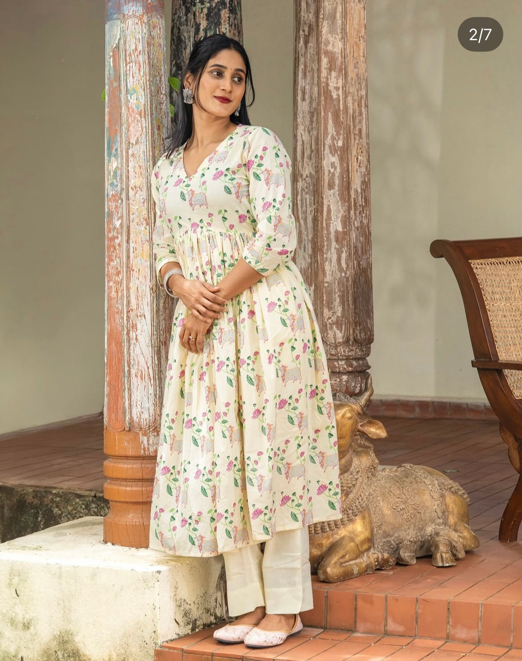 Soft Yellow Pichwai Print Anarkali Cotton Three-Piece Set