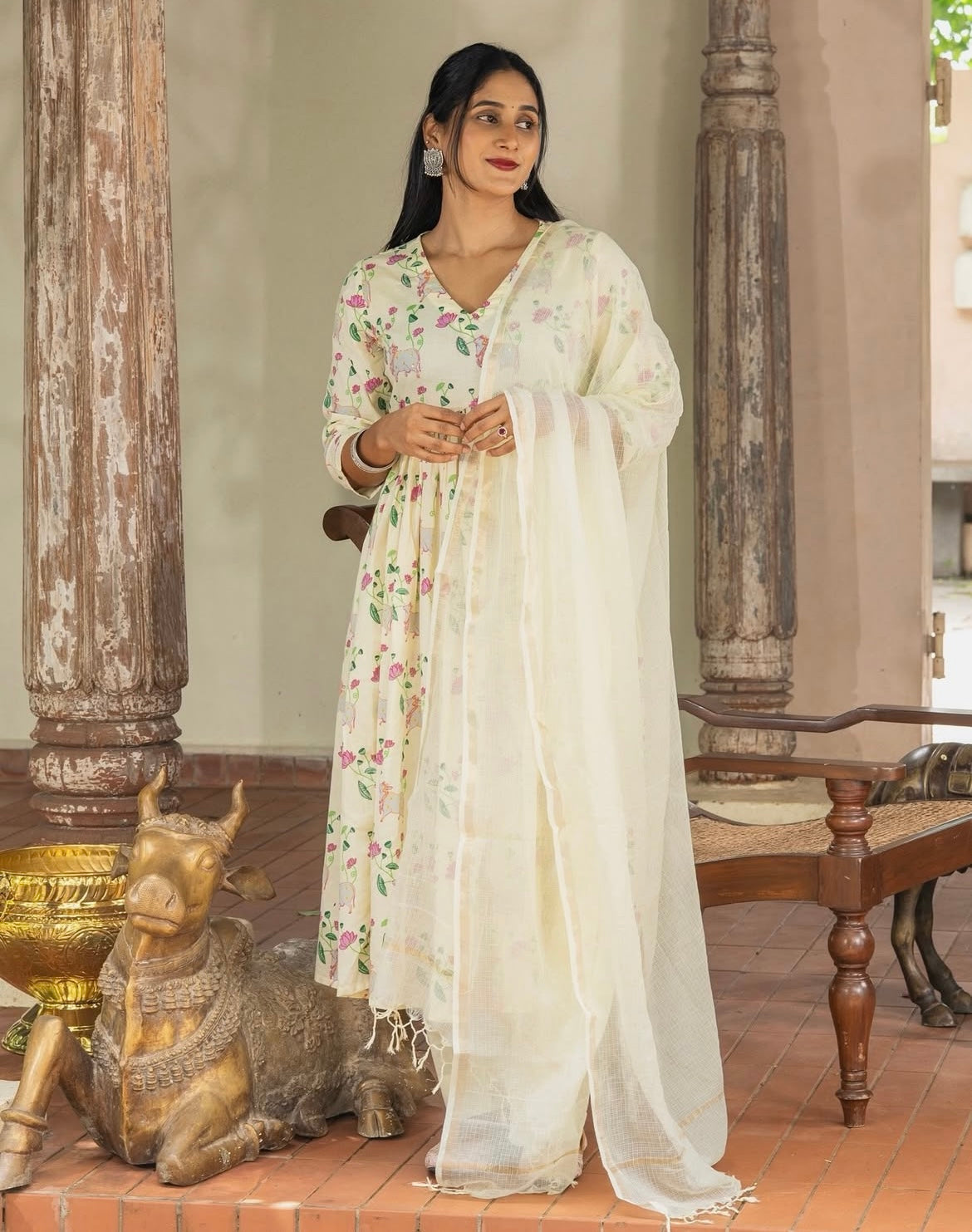 Soft Yellow Pichwai Print Anarkali Cotton Three-Piece Set