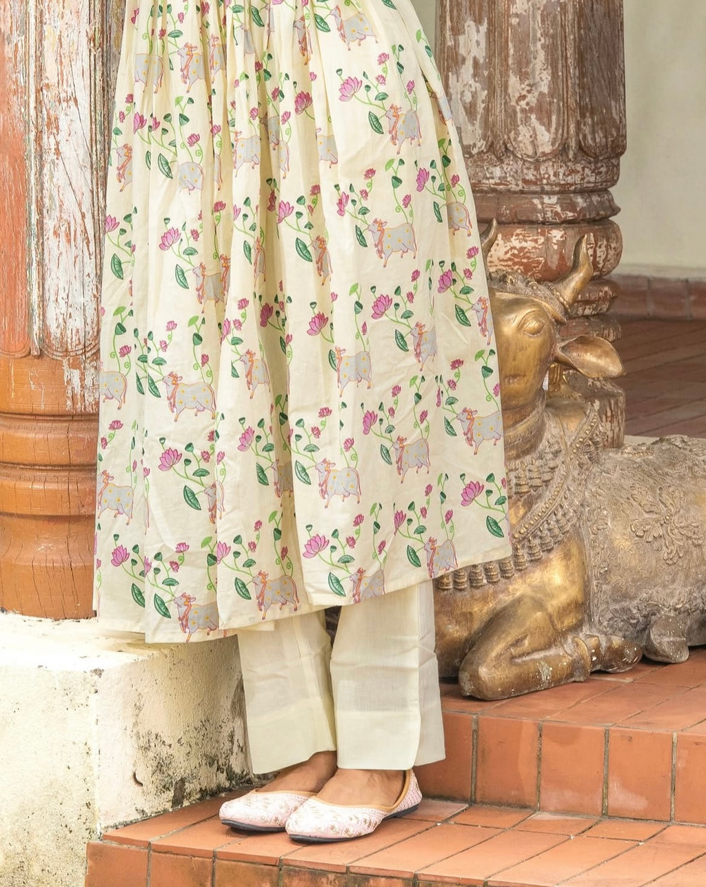 Soft Yellow Pichwai Print Anarkali Cotton Three-Piece Set