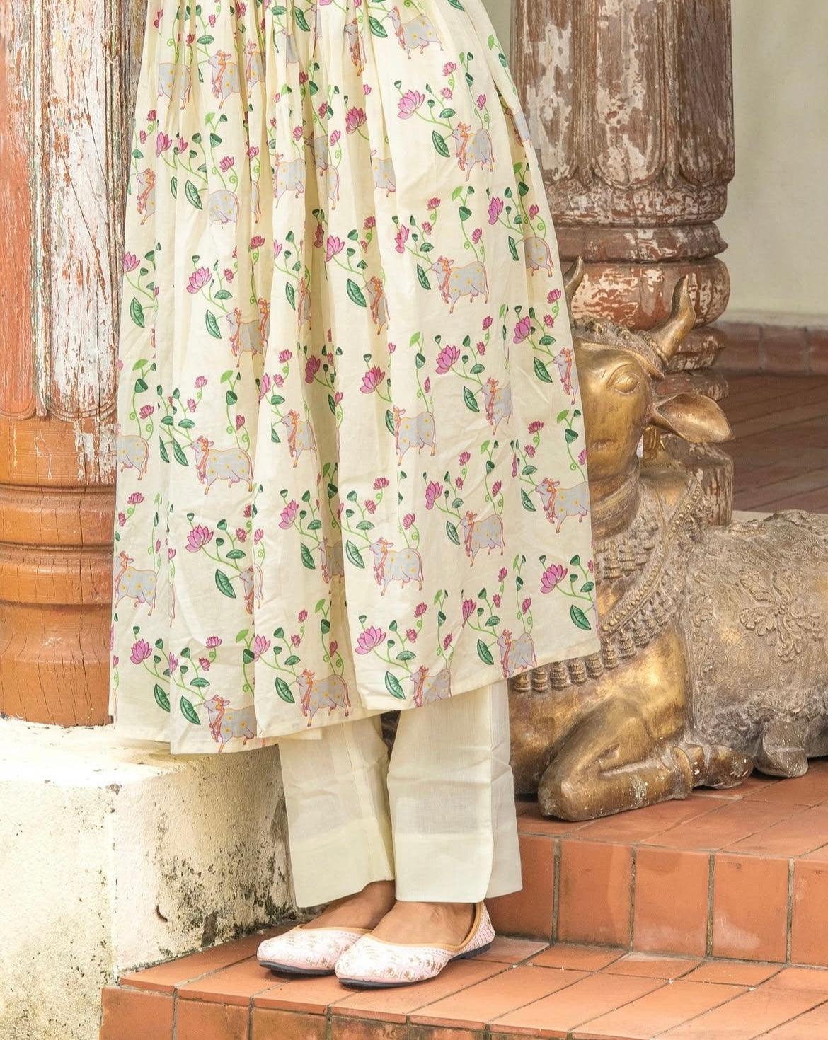 Soft Yellow Pichwai Print Anarkali Cotton Three-Piece Set