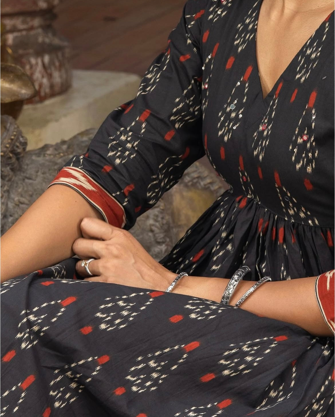 Black and Rust Ikat Cotton Three-Piece Set
