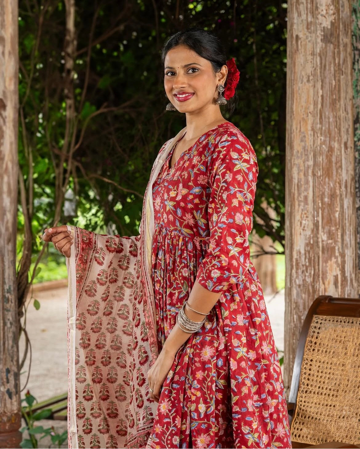Red Hand Block Print Three-Piece Anarkali Cotton Set
