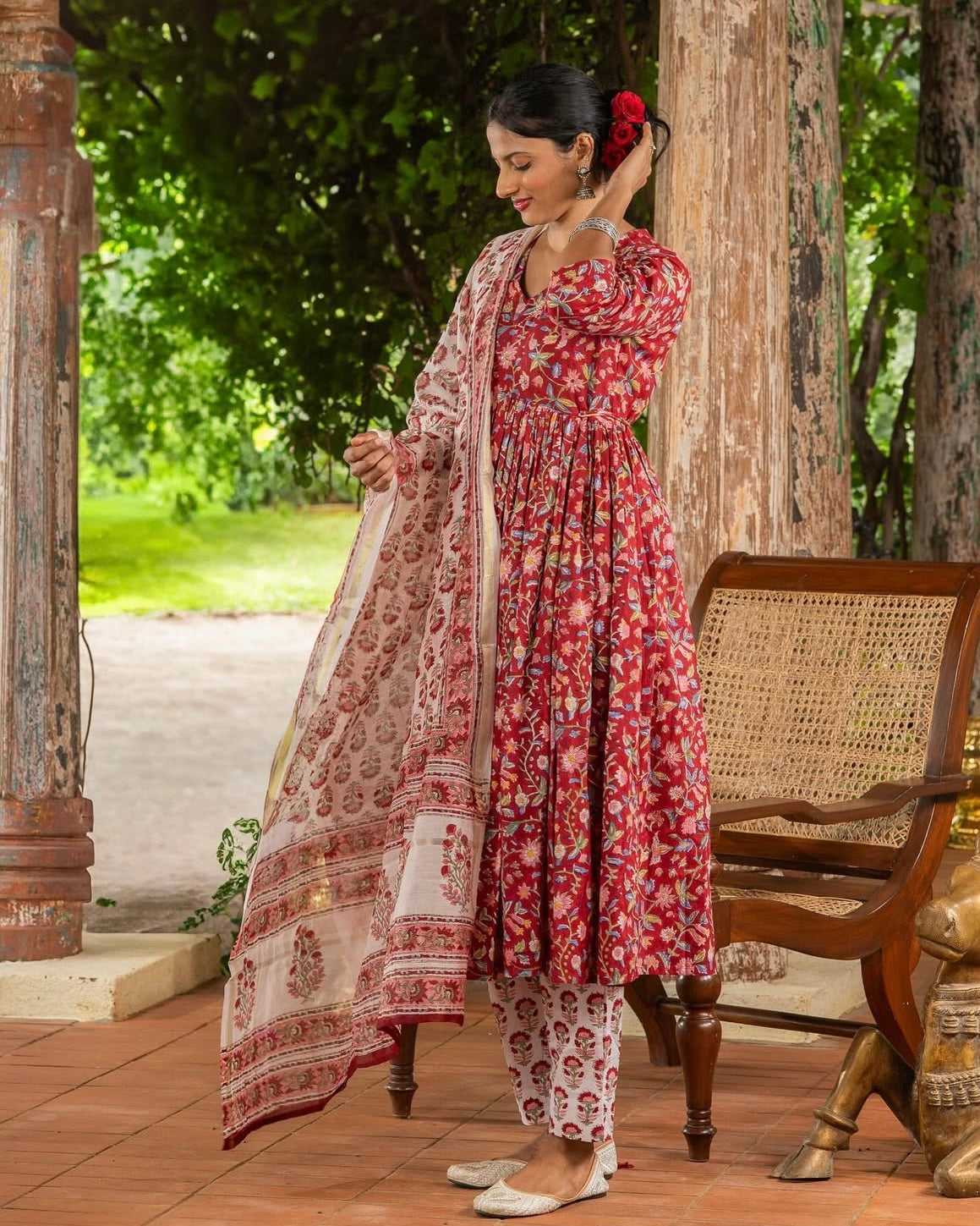 Red Hand Block Print Three-Piece Anarkali Cotton Set