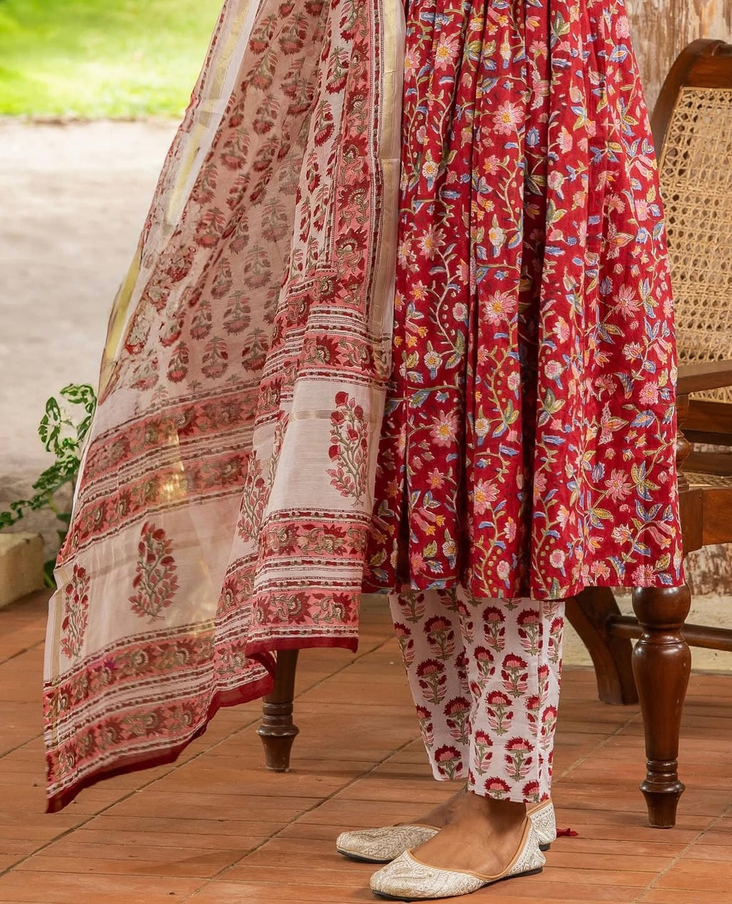 Red Hand Block Print Three-Piece Anarkali Cotton Set