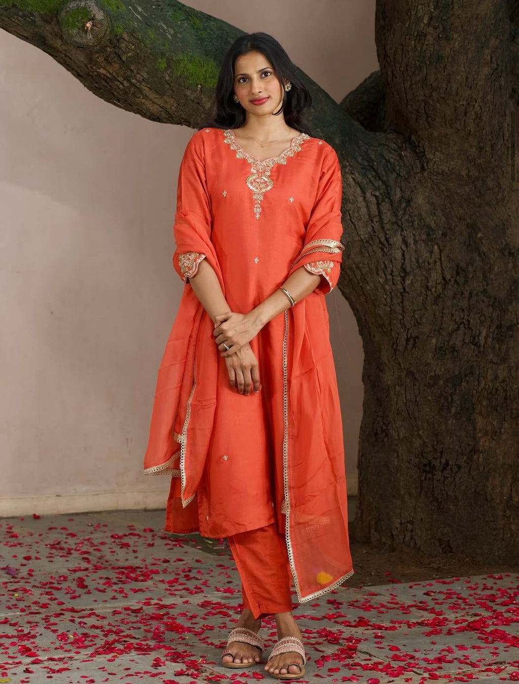 Crimson Red Dola silk Three-Piece Set