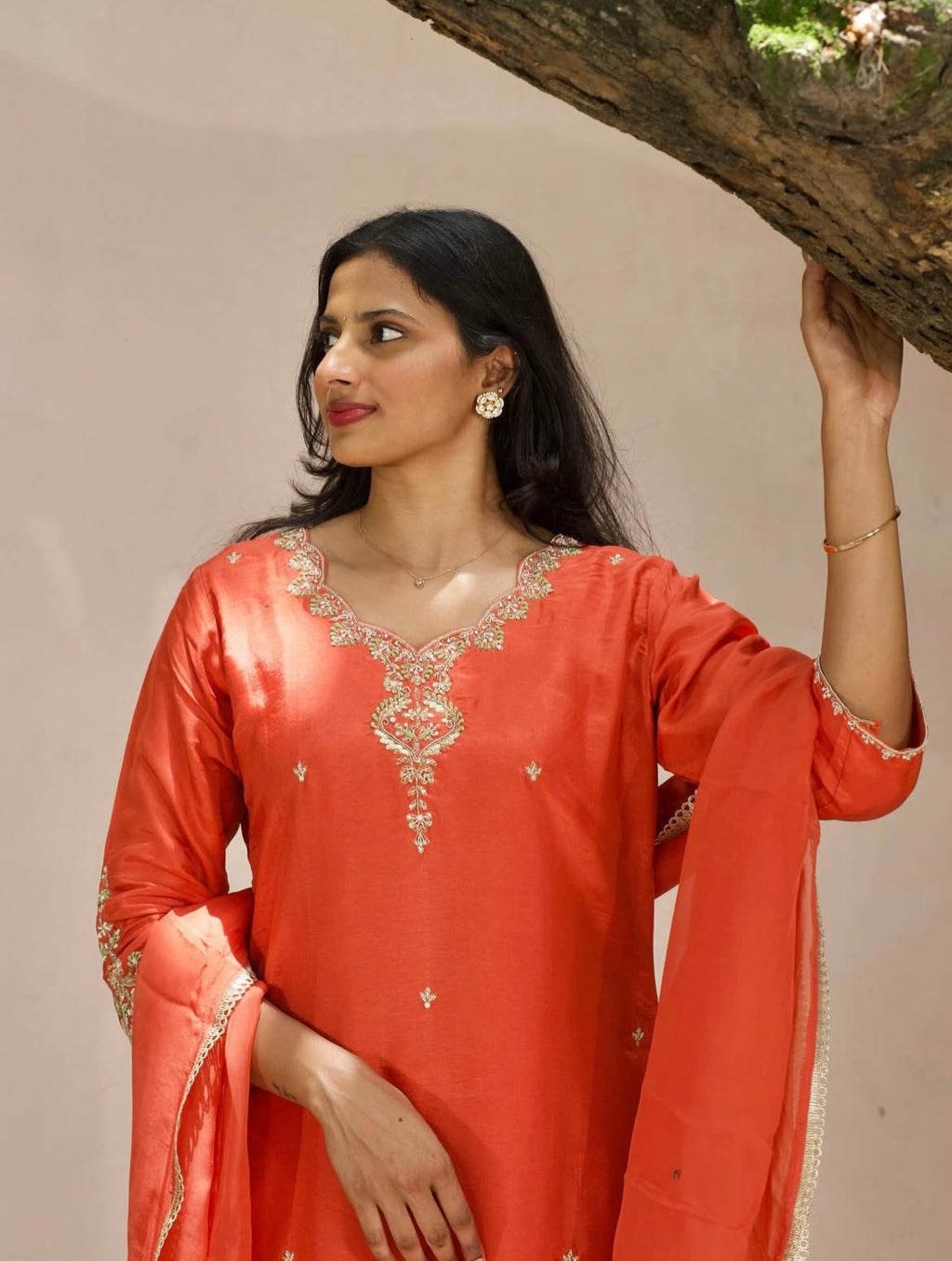 Crimson Red Dola silk Three-Piece Set