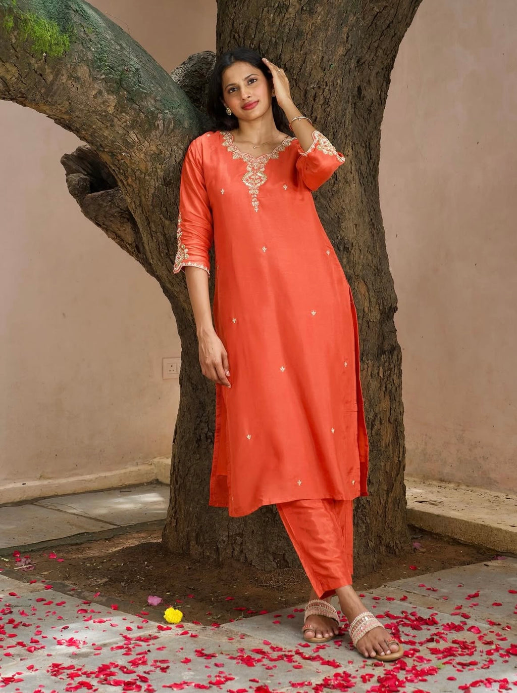 Crimson Red Dola silk Three-Piece Set