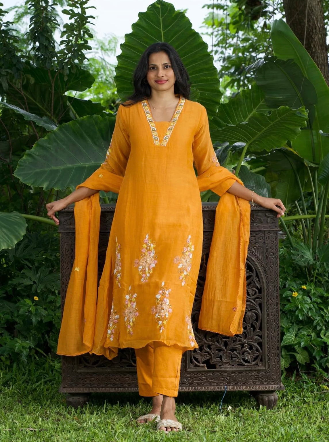 Orange Mul Chanderi Three-Piece Set