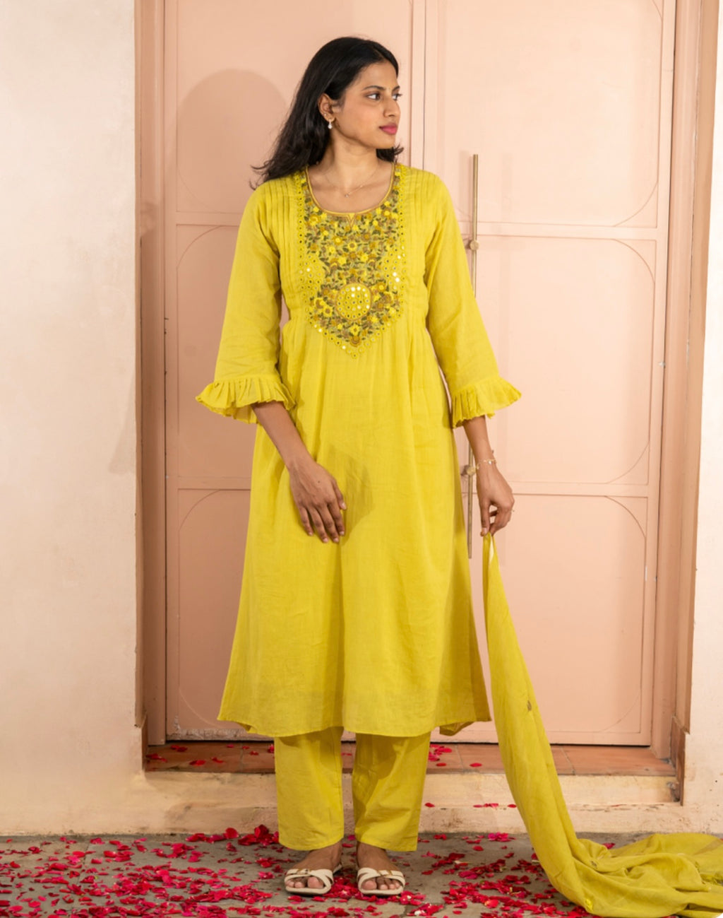 Lime Green Mul Cotton Three-Piece Set with Hand Embellished Yoke