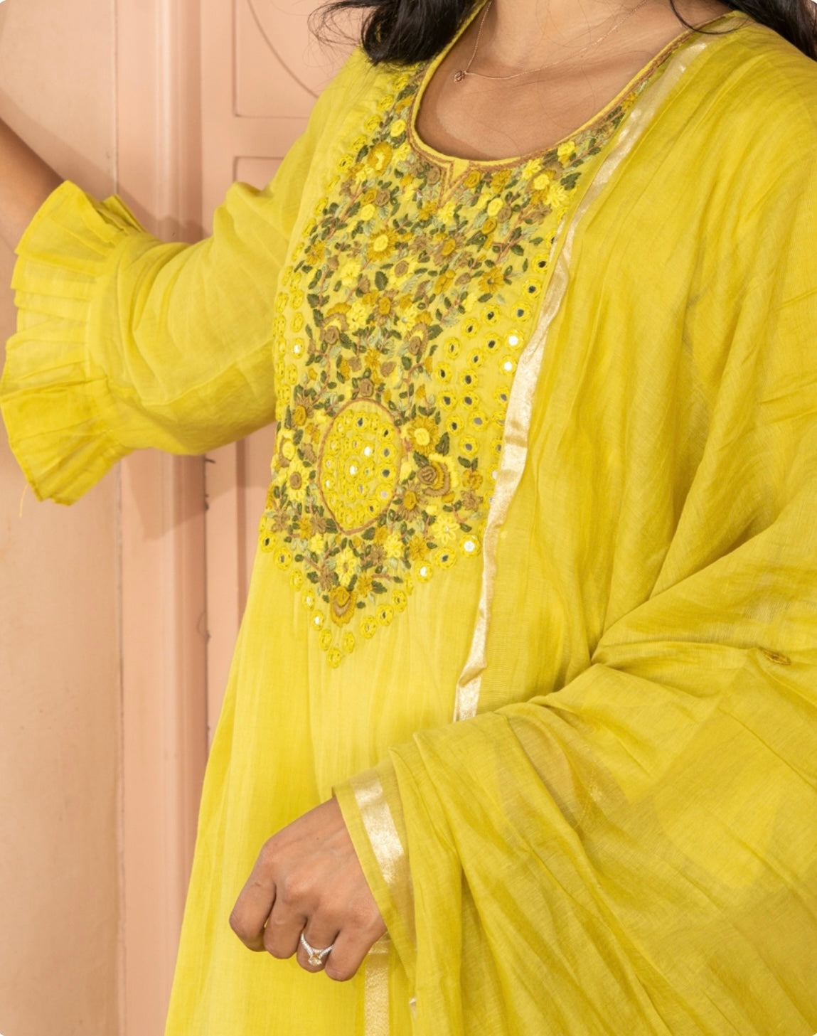 Lime Green Mul Cotton Three-Piece Set with Hand Embellished Yoke