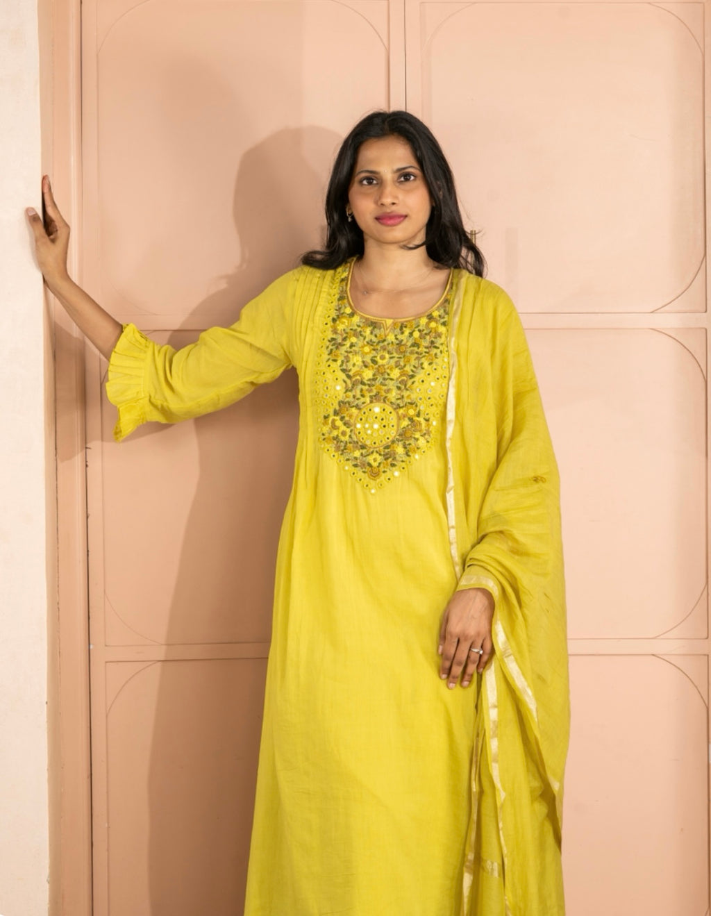 Lime Green Mul Cotton Three-Piece Set with Hand Embellished Yoke