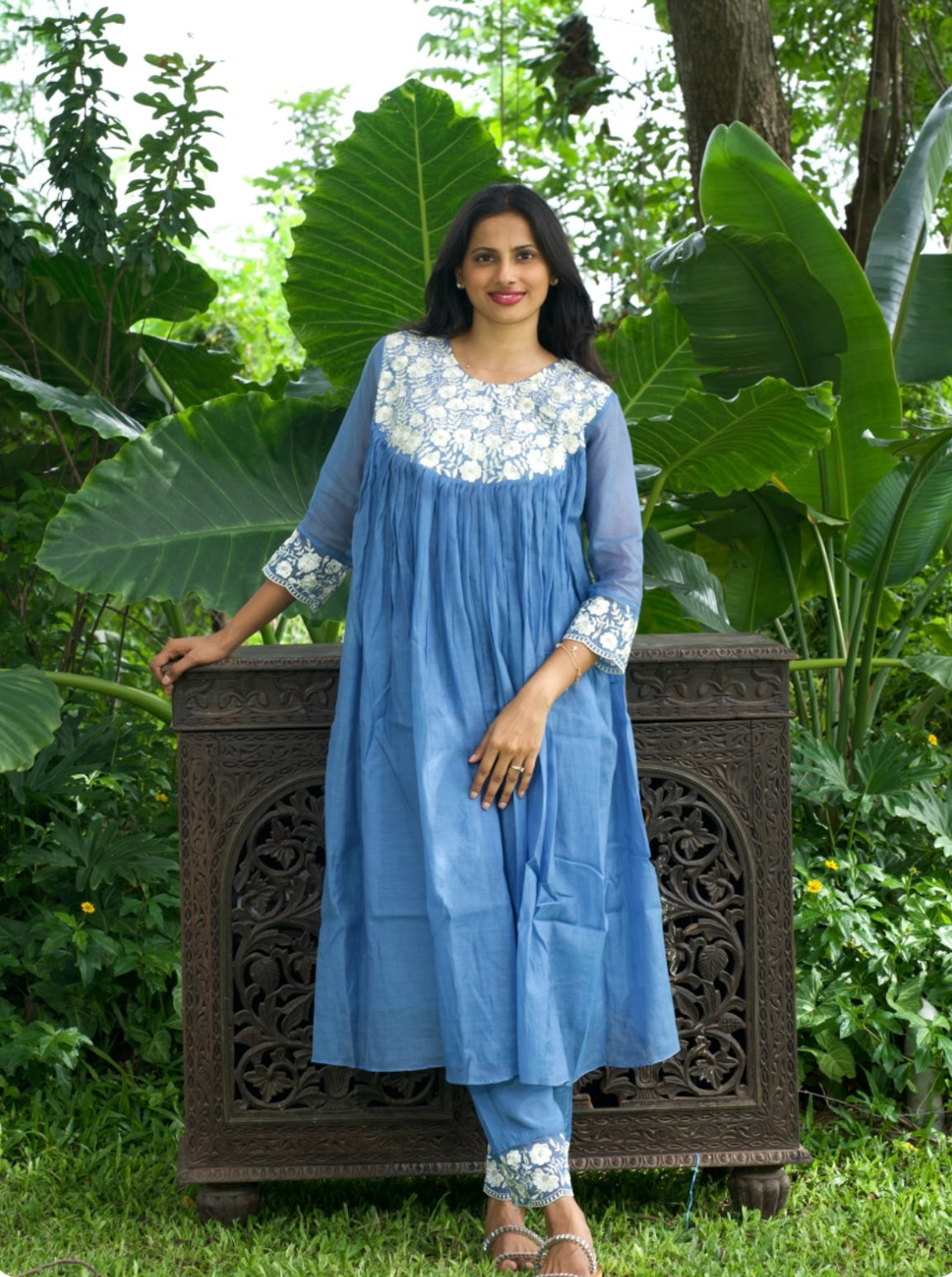 Embroidered Mul Chanderi Three-Piece Set
