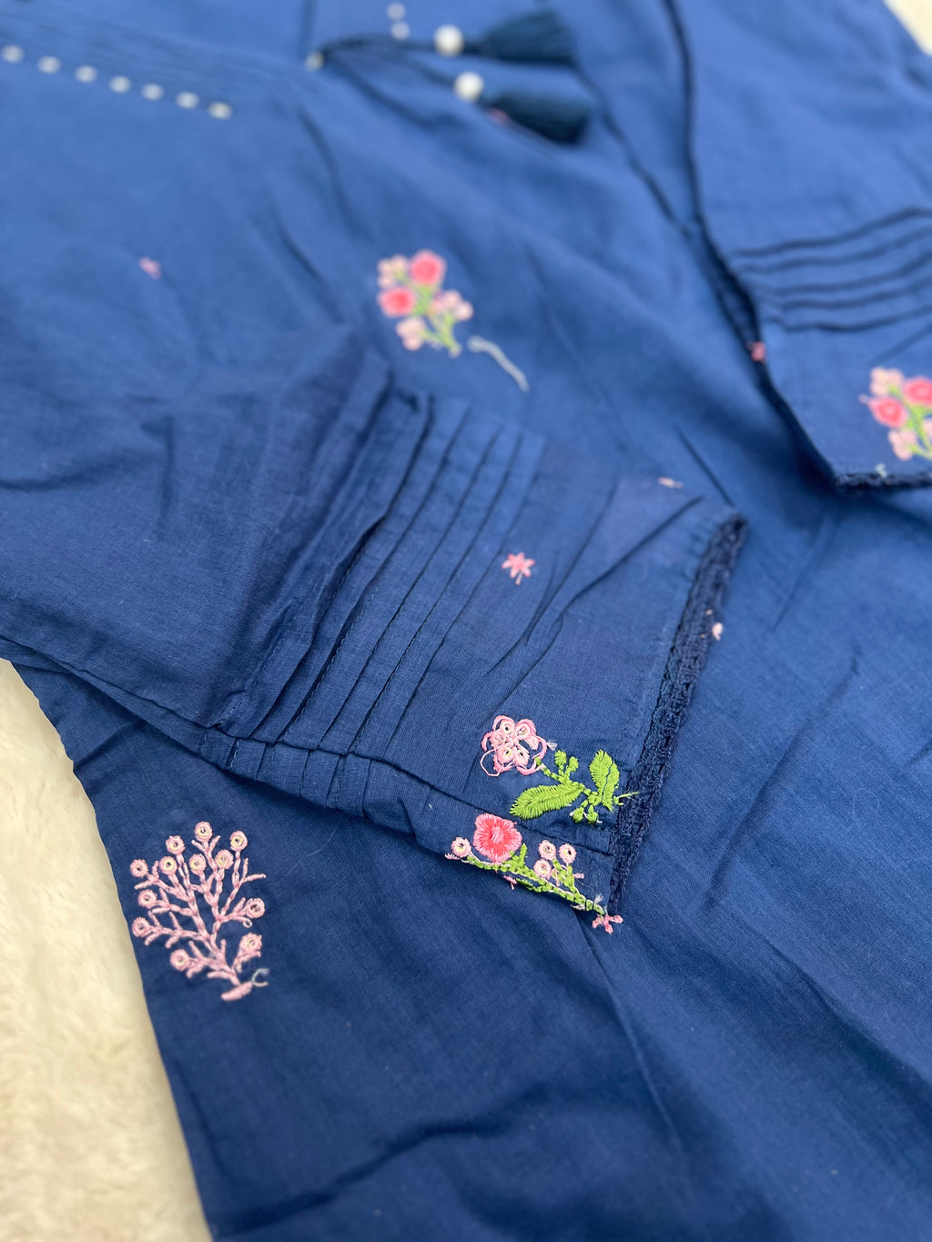 Navy Blue Mul Chanderi Three-Piece Set with Thread Embroidery