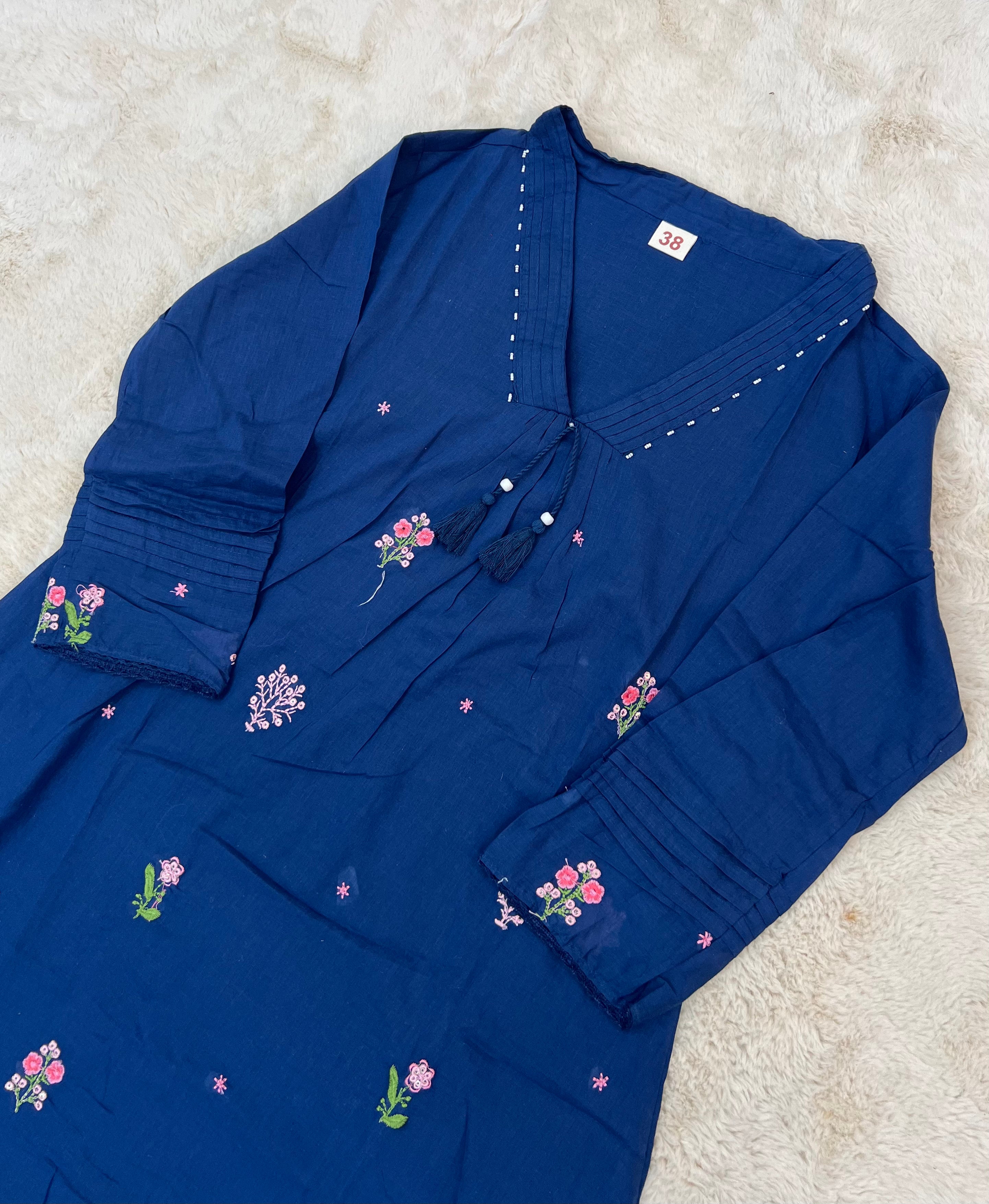 Navy Blue Mul Chanderi Three-Piece Set with Thread Embroidery