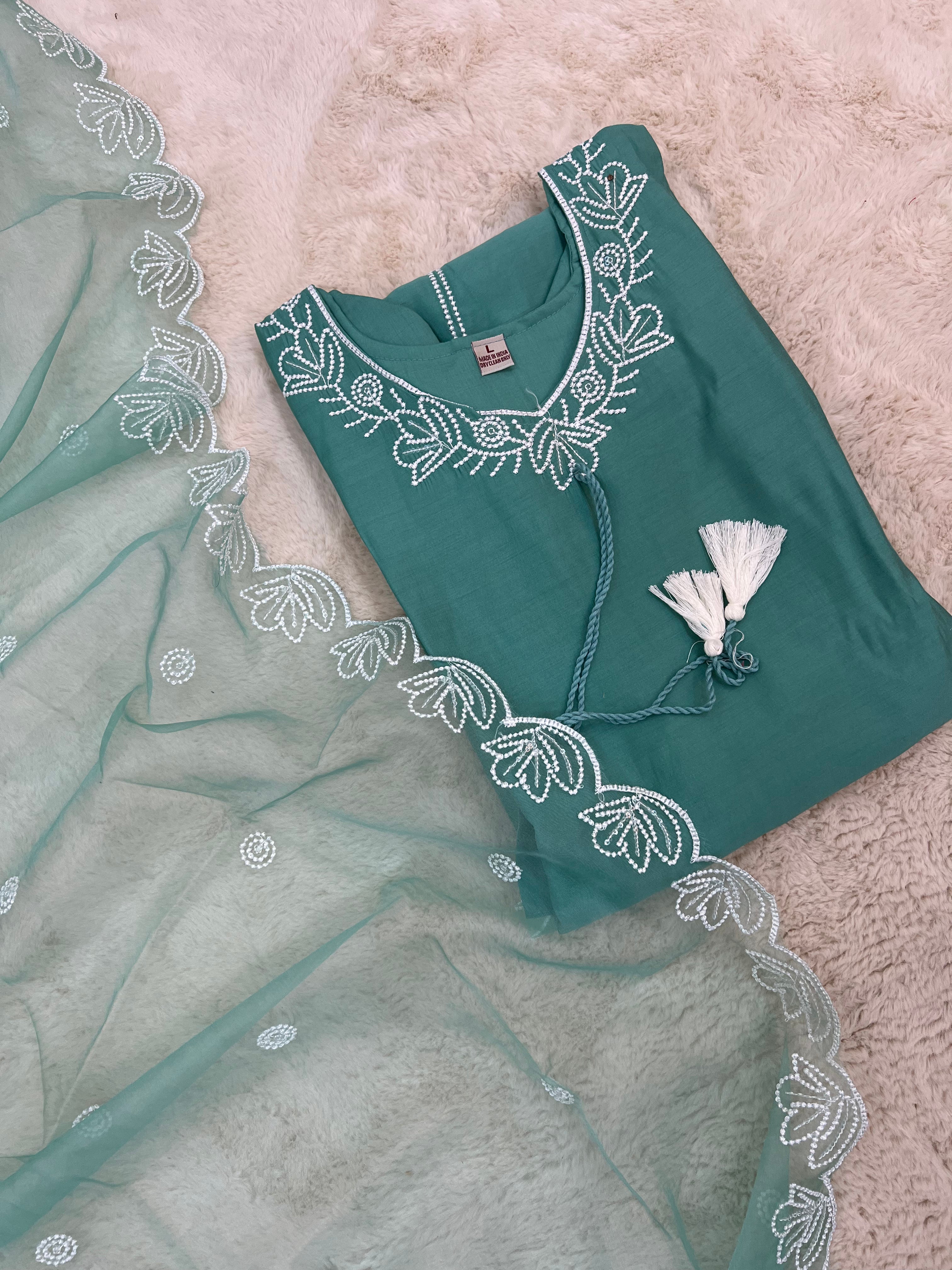 Lotus Embroidered Muslin Three-Piece Set