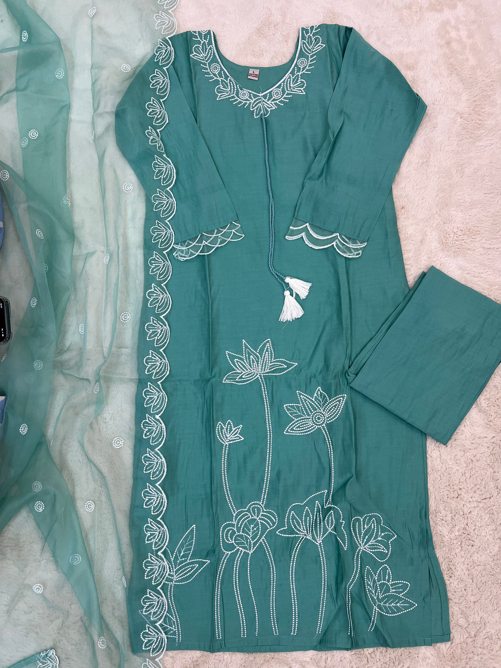 Lotus Embroidered Muslin Three-Piece Set