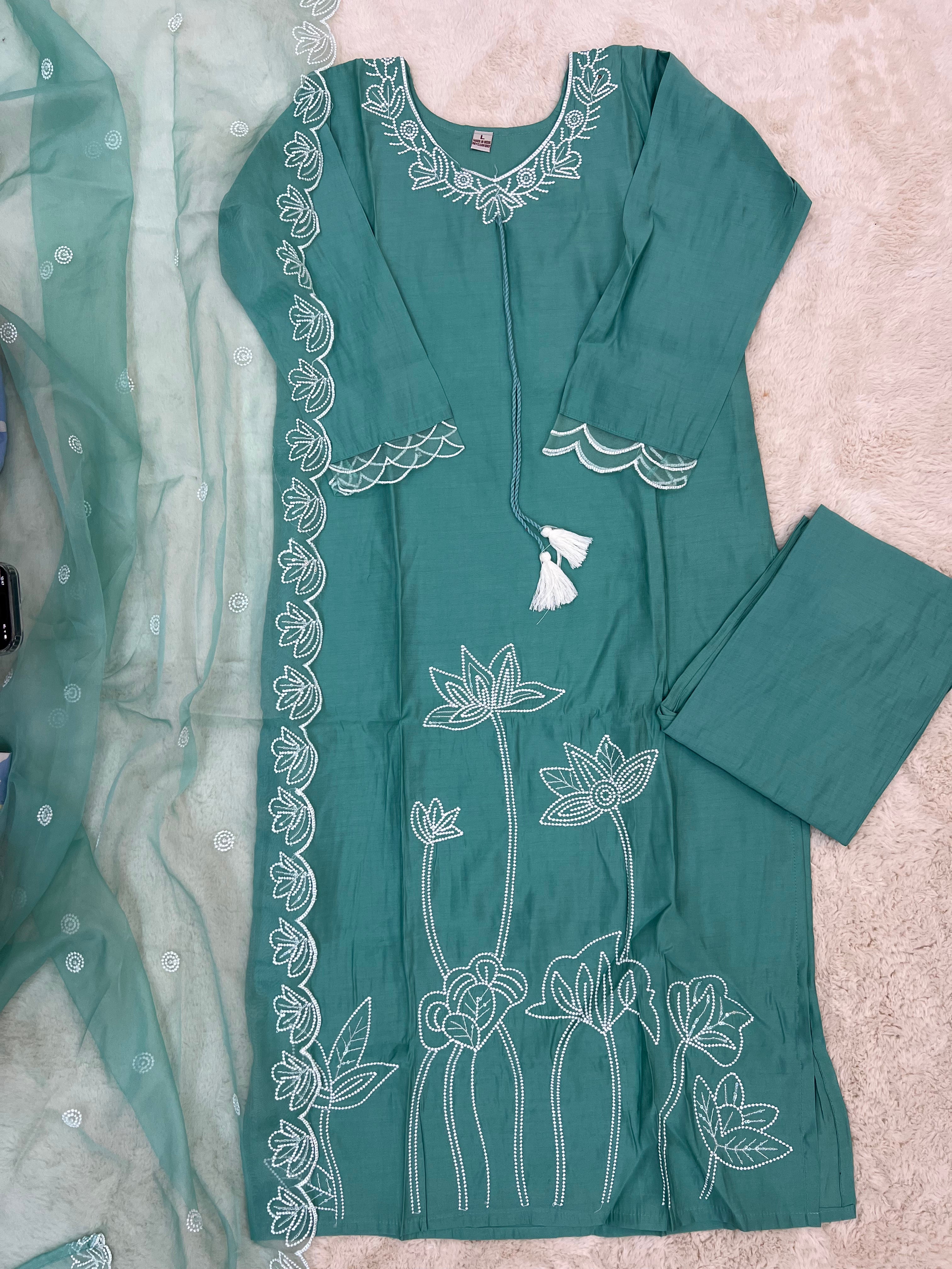 Lotus Embroidered Muslin Three-Piece Set