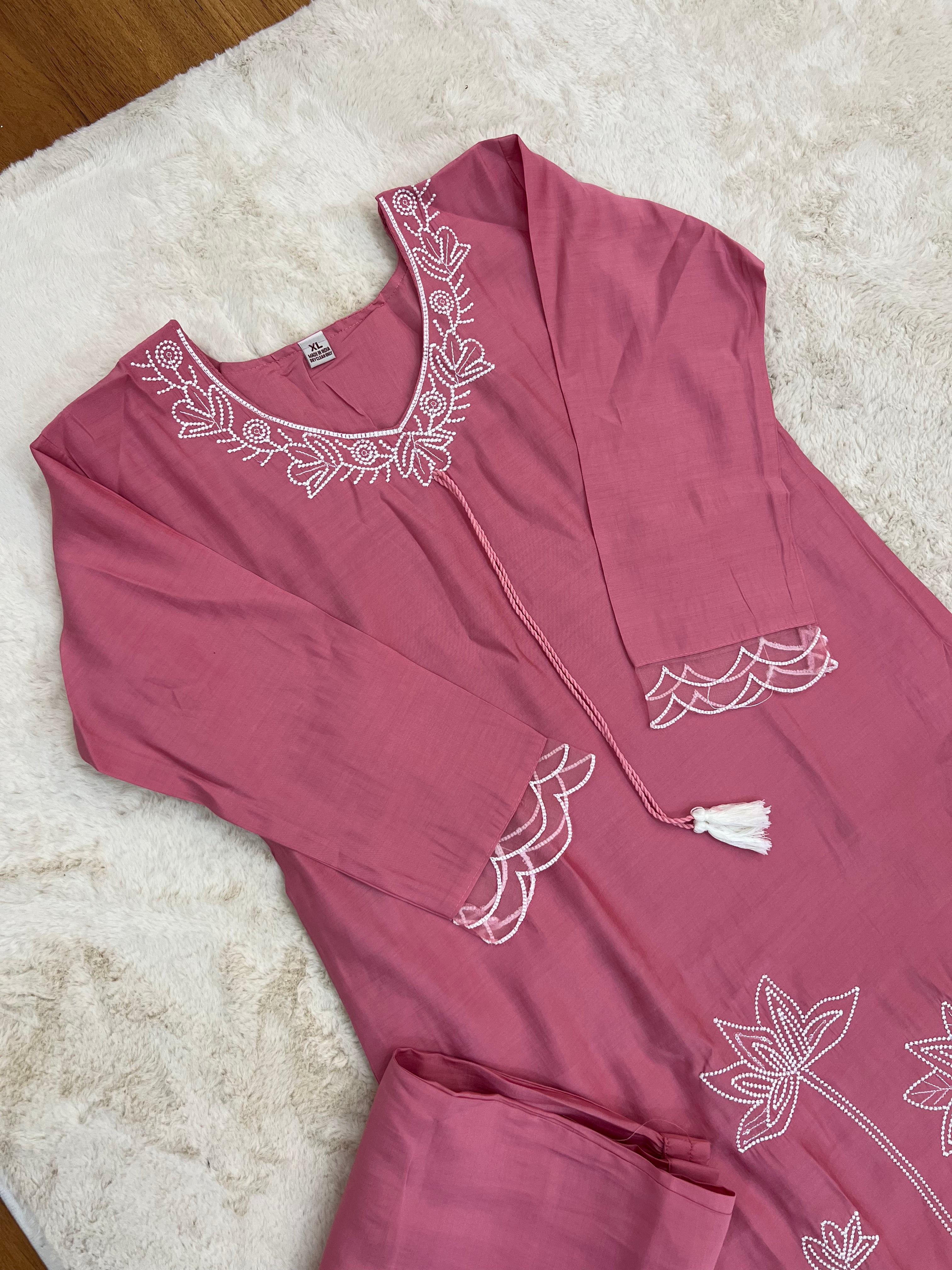 Lotus Embroidered Muslin Three-Piece Set