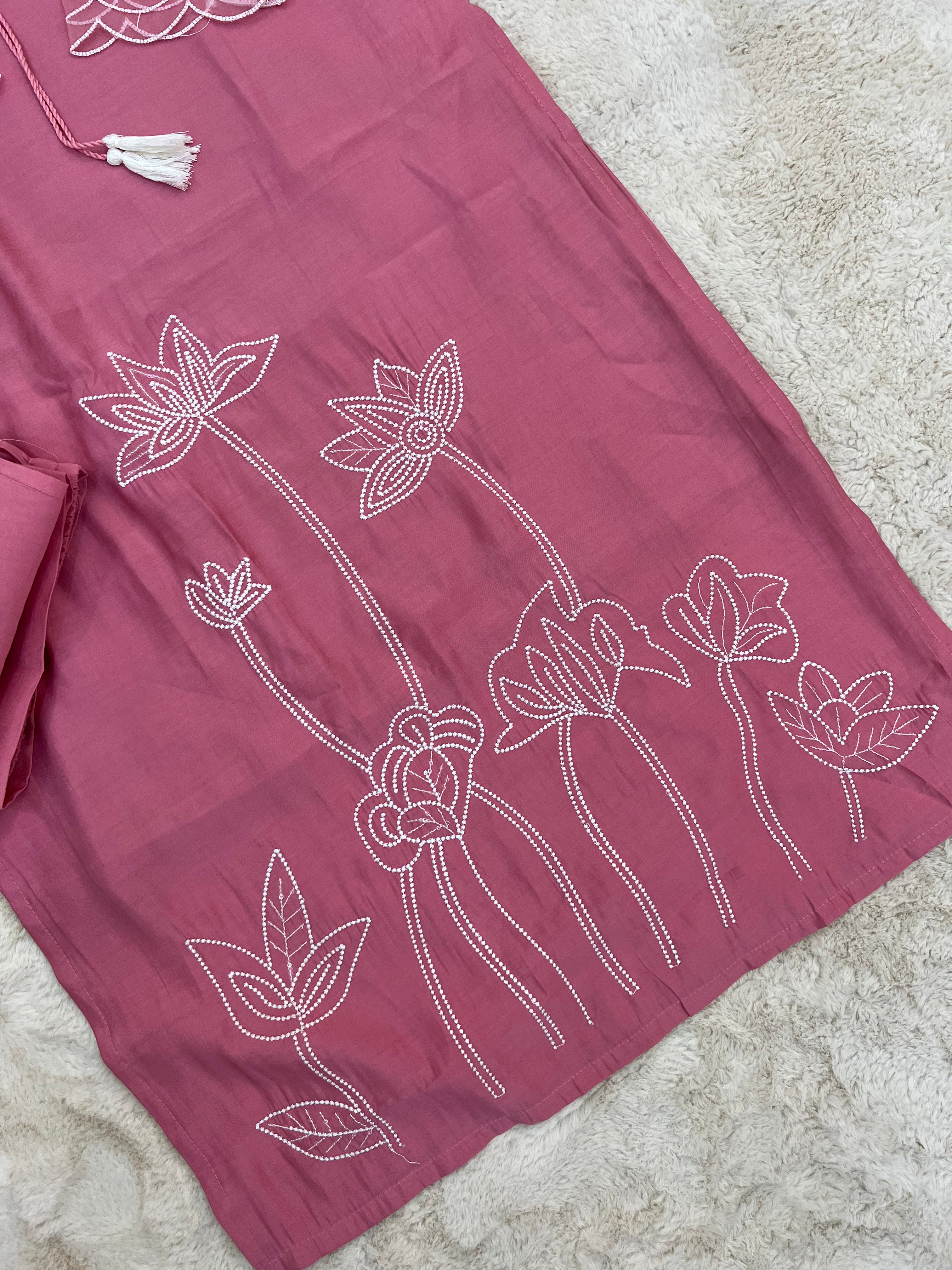 Lotus Embroidered Muslin Three-Piece Set