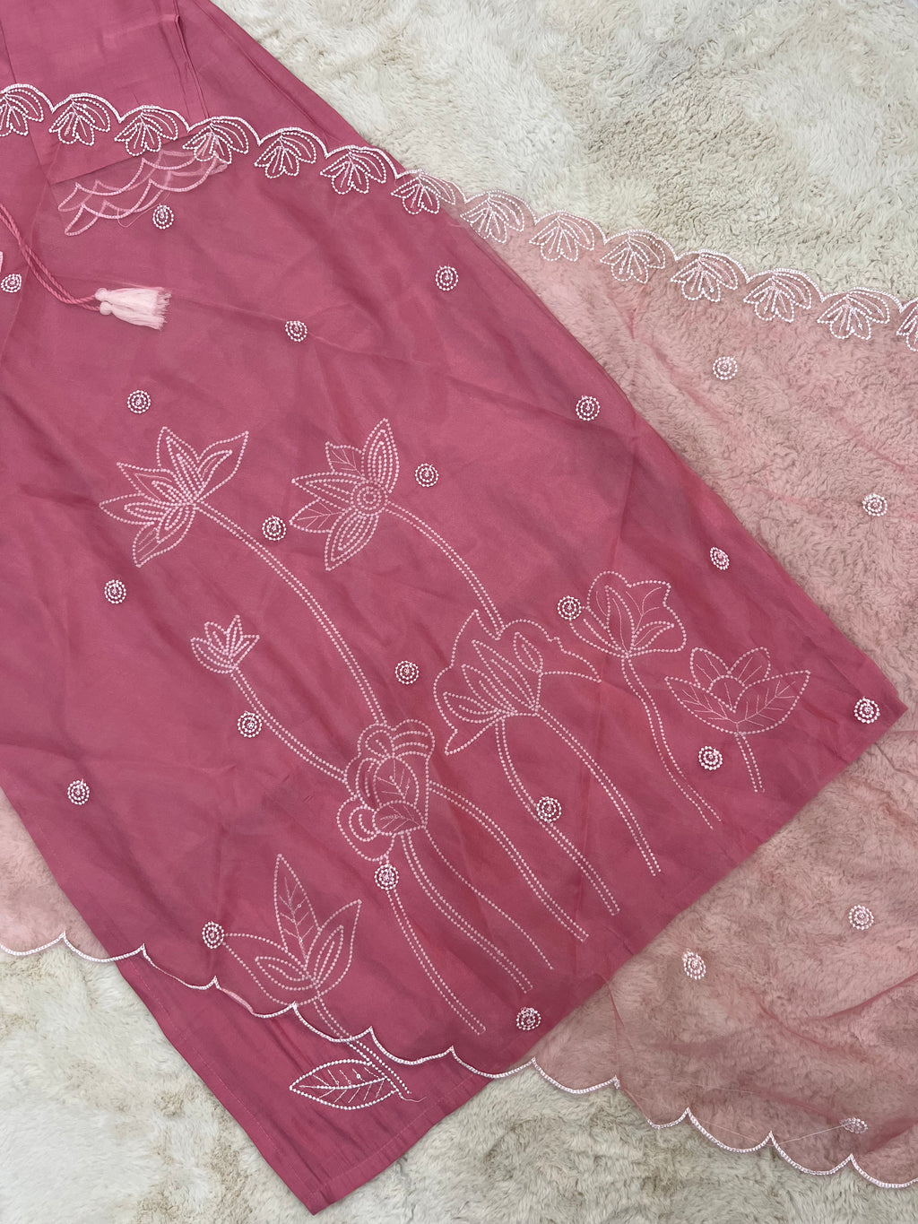 Lotus Embroidered Muslin Three-Piece Set