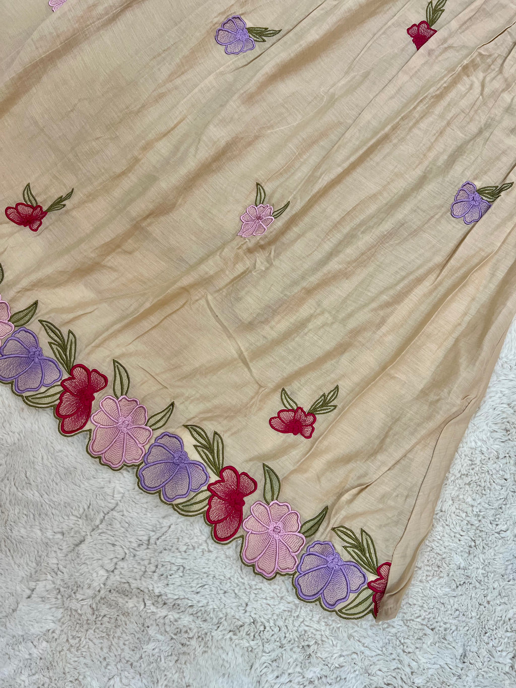 Beige Floral Mul Chanderi Three-Piece Set